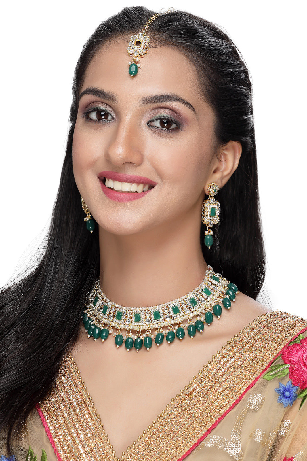 Sukkhi Glitzy Gold Plated Green AD Stones & Beads Collar Bone Necklace Set With Earring And Maangtika | Jewellery Set For Women (NS105506)