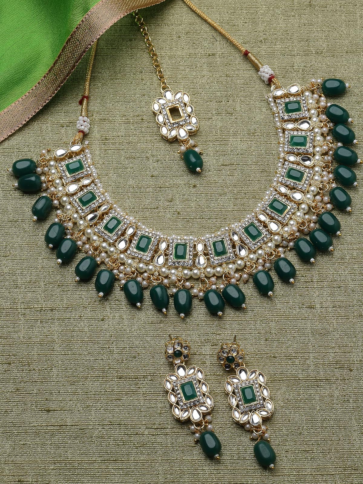 Sukkhi Glitzy Gold Plated Green AD Stones & Beads Collar Bone Necklace Set With Earring And Maangtika | Jewellery Set For Women (NS105506)