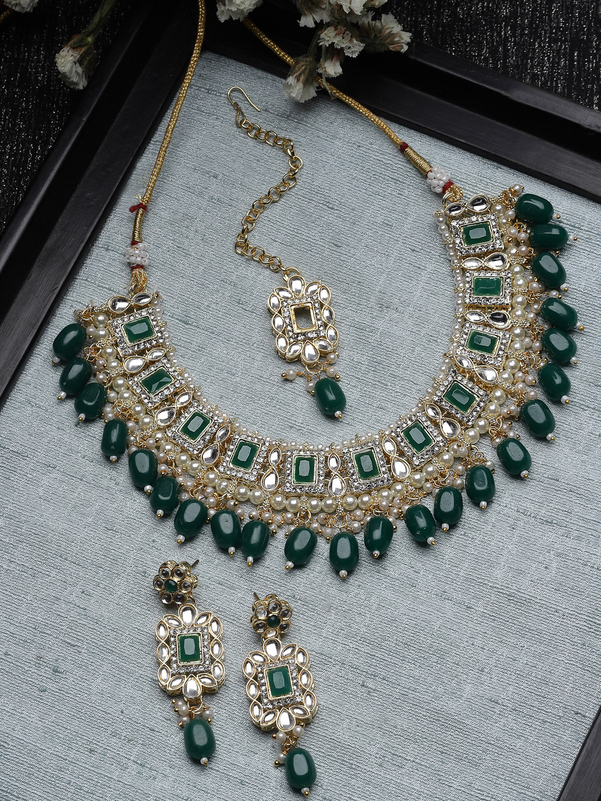 Sukkhi Glitzy Gold Plated Green AD Stones & Beads Collar Bone Necklace Set With Earring And Maangtika | Jewellery Set For Women (NS105506)