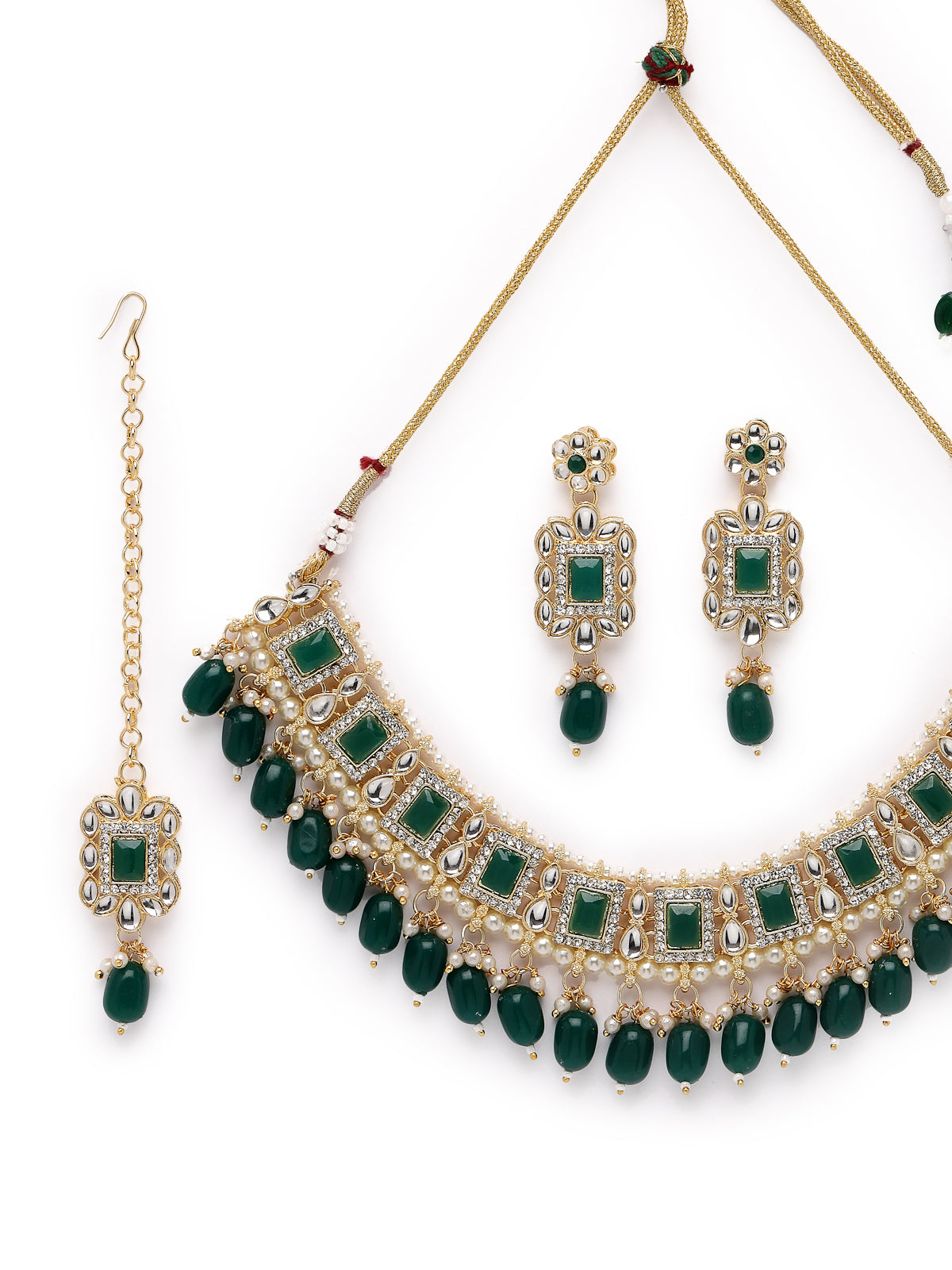 Sukkhi Glitzy Gold Plated Green AD Stones & Beads Collar Bone Necklace Set With Earring And Maangtika | Jewellery Set For Women (NS105506)