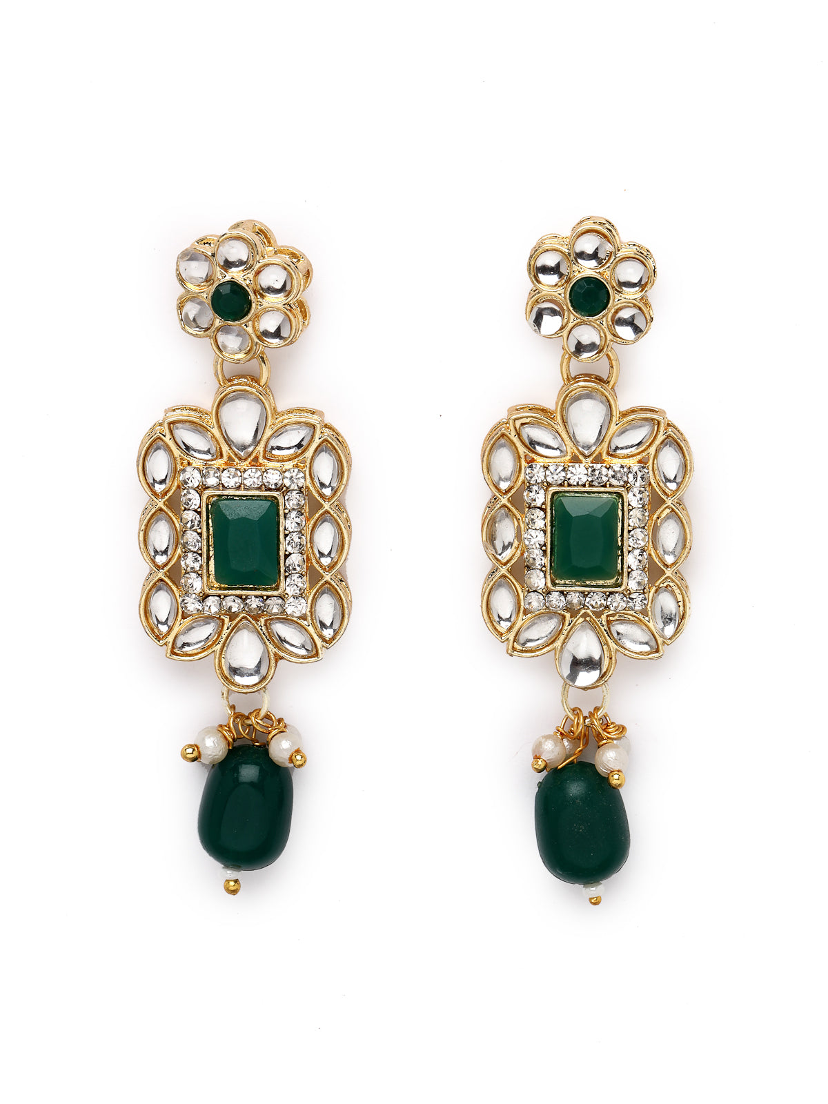 Sukkhi Glitzy Gold Plated Green AD Stones & Beads Collar Bone Necklace Set With Earring And Maangtika | Jewellery Set For Women (NS105506)