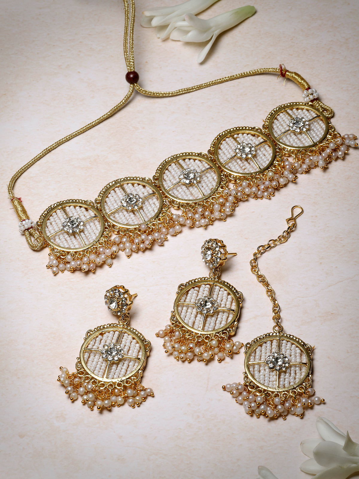 Sukkhi Charming Circular Gold Toned Plated Off White Beads Choker Necklace Set With Earring And Maangtika | Jewellery Set For Women (NS105507)