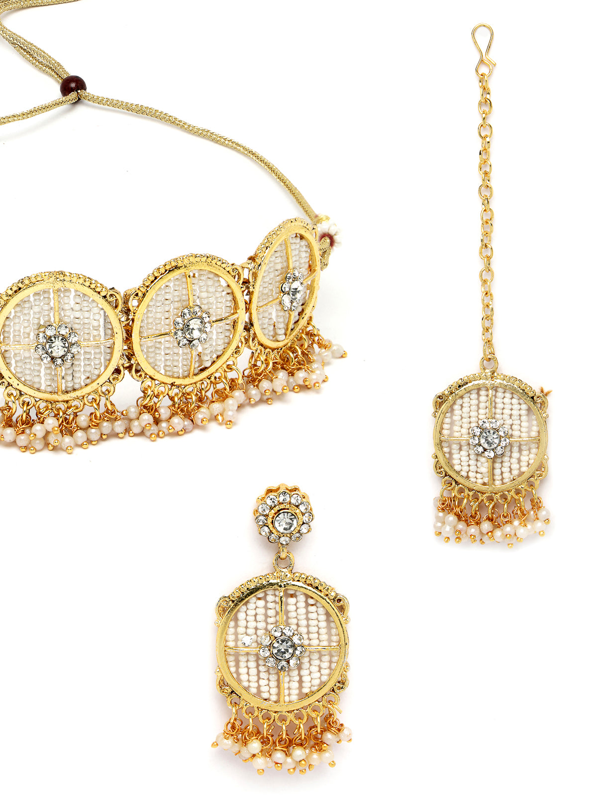 Sukkhi Charming Circular Gold Toned Plated Off White Beads Choker Necklace Set With Earring And Maangtika | Jewellery Set For Women (NS105507)