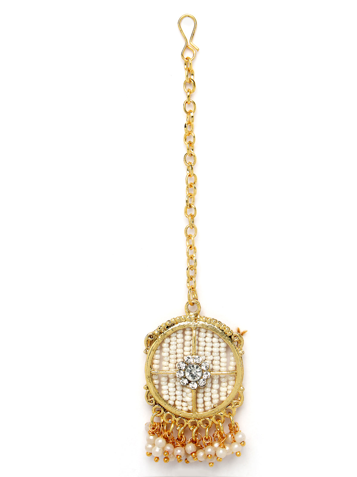 Sukkhi Charming Circular Gold Toned Plated Off White Beads Choker Necklace Set With Earring And Maangtika | Jewellery Set For Women (NS105507)