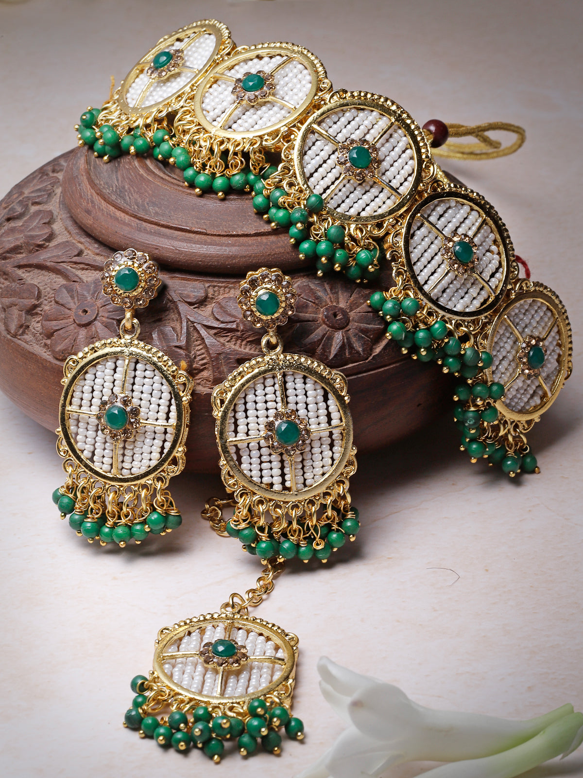 Sukkhi Charming Circular Gold Toned Plated Green Beads Choker Necklace Set With Earring And Maangtika | Jewellery Set For Women (NS105508)