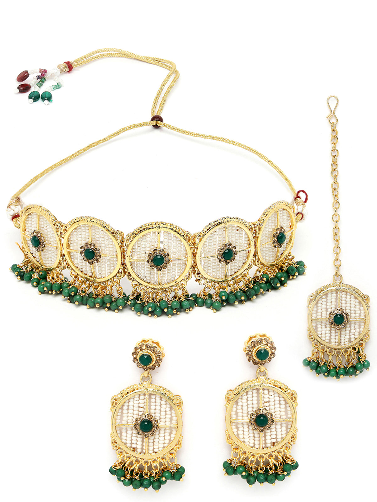 Sukkhi Charming Circular Gold Toned Plated Green Beads Choker Necklace Set With Earring And Maangtika | Jewellery Set For Women (NS105508)