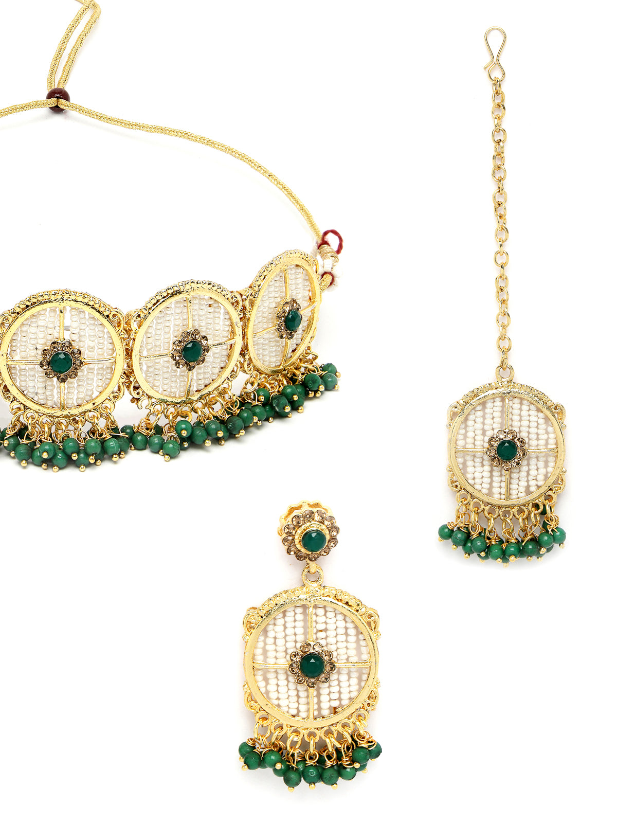 Sukkhi Charming Circular Gold Toned Plated Green Beads Choker Necklace Set With Earring And Maangtika | Jewellery Set For Women (NS105508)