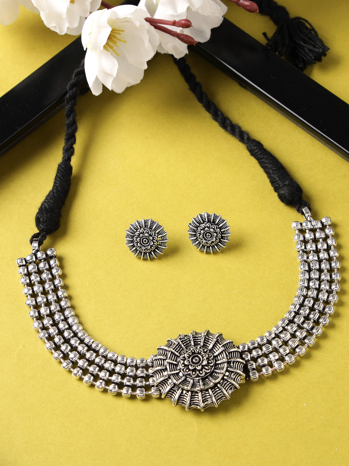Sukkhi Stylish Oxidised Silver Choker Necklace Set With Studs Earring | Jewellery Set For Women (NS105511)