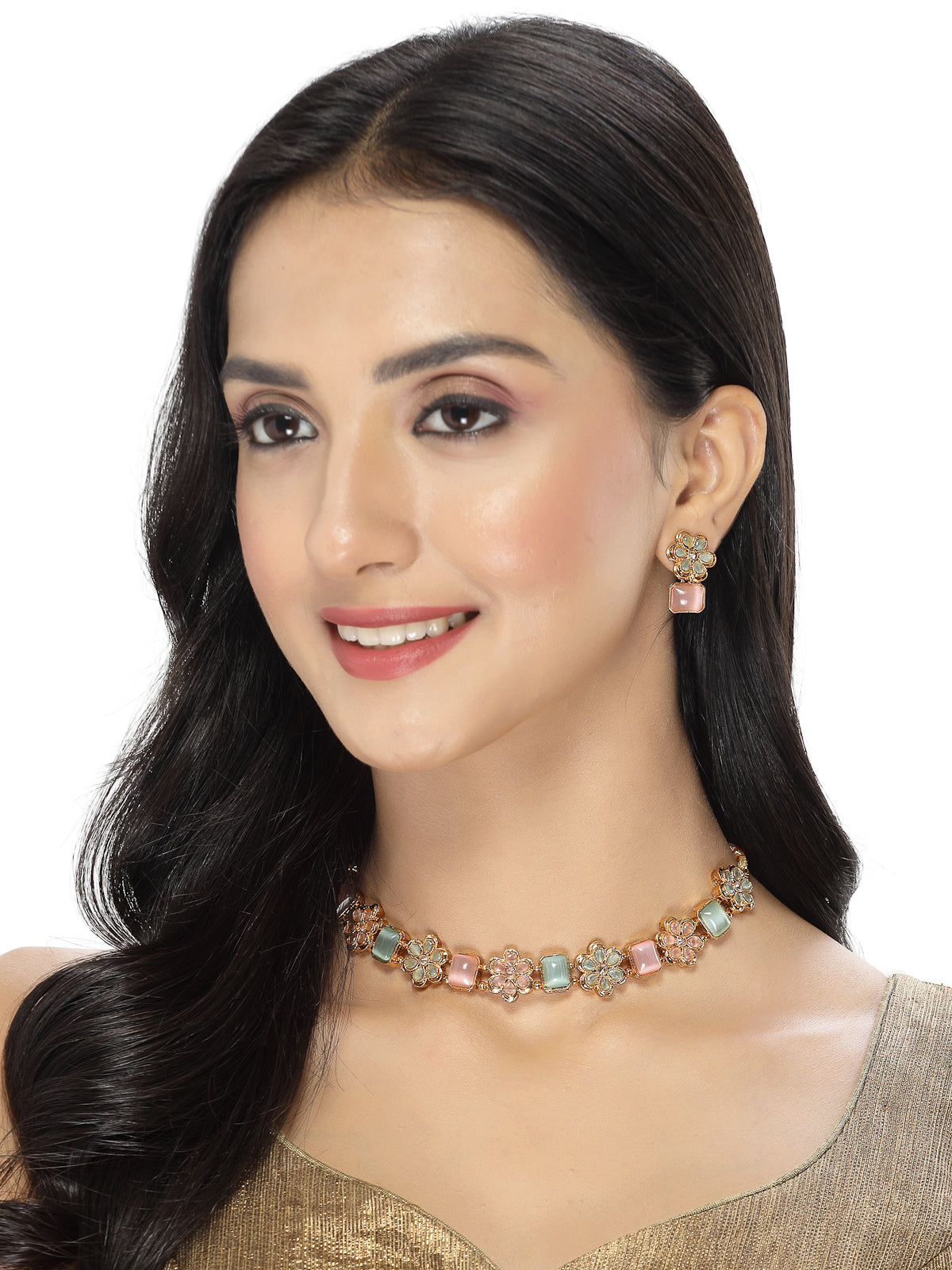 Sukkhi Youthful Floral Gold Plated Multicolor AD Stone Collar Bone Necklace Set And Earring | Jewellery Set For Women (NS105514)