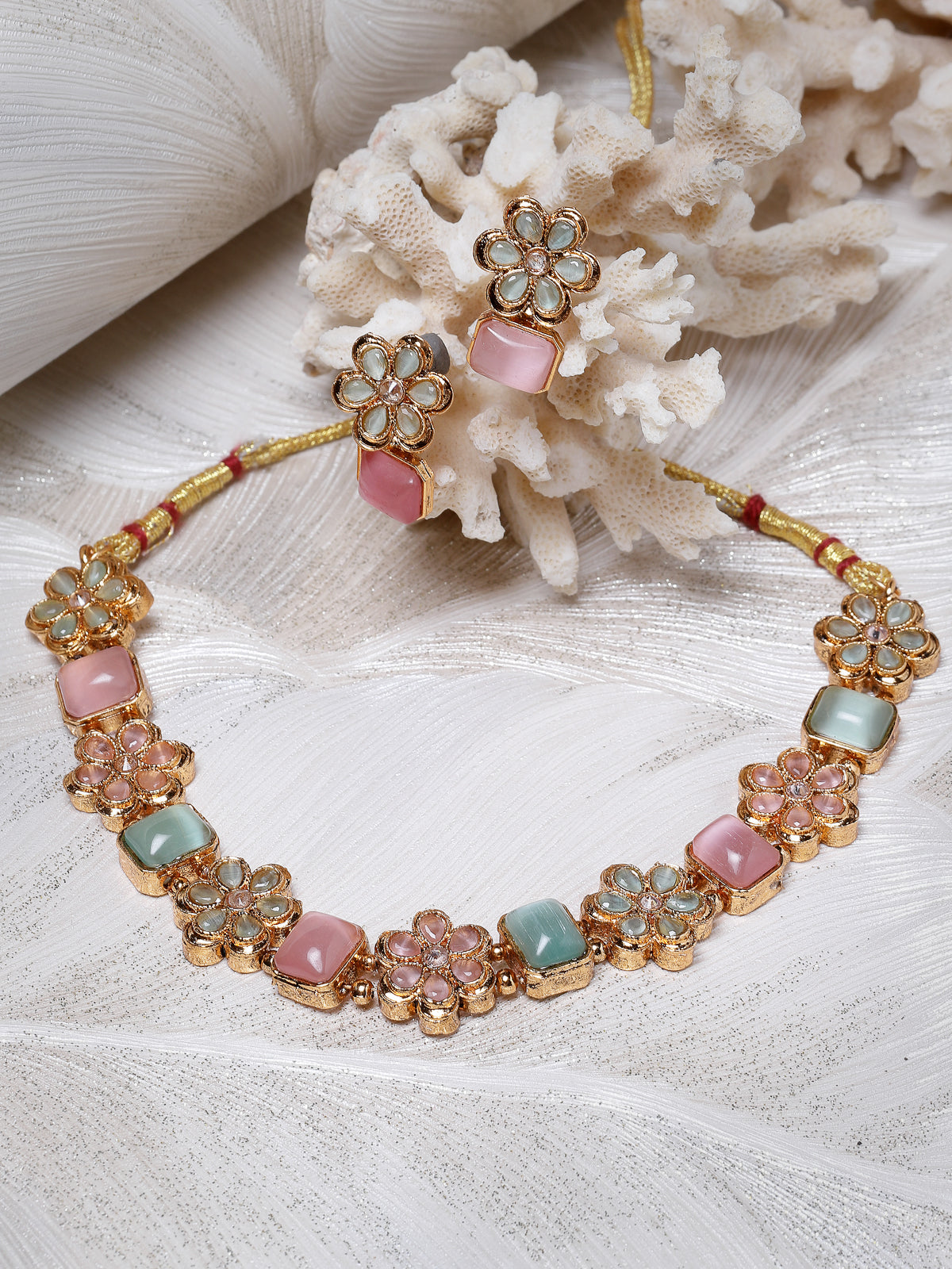 Sukkhi Youthful Floral Gold Plated Multicolor AD Stone Collar Bone Necklace Set And Earring | Jewellery Set For Women (NS105514)