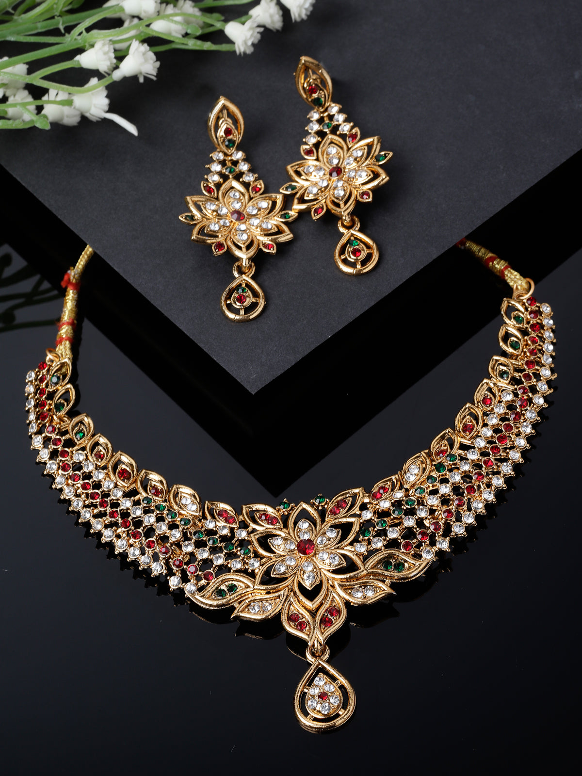 Sukkhi Pleasing Gold Plated Multicolor AD Stone Collar Bone Necklace Set And Earring | Jewellery Set For Women (NS105515)