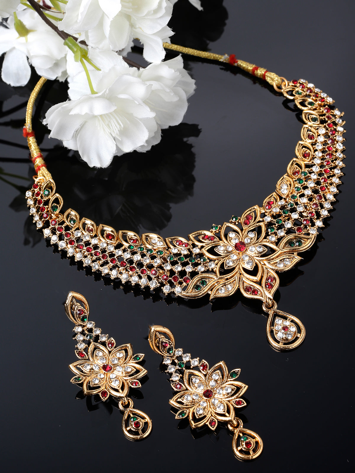 Sukkhi Pleasing Gold Plated Multicolor AD Stone Collar Bone Necklace Set And Earring | Jewellery Set For Women (NS105515)
