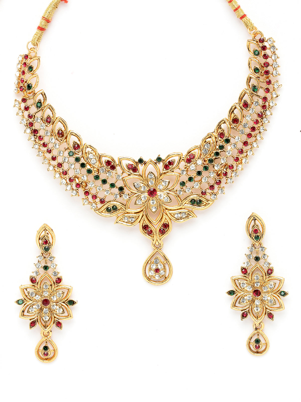 Sukkhi Pleasing Gold Plated Multicolor AD Stone Collar Bone Necklace Set And Earring | Jewellery Set For Women (NS105515)