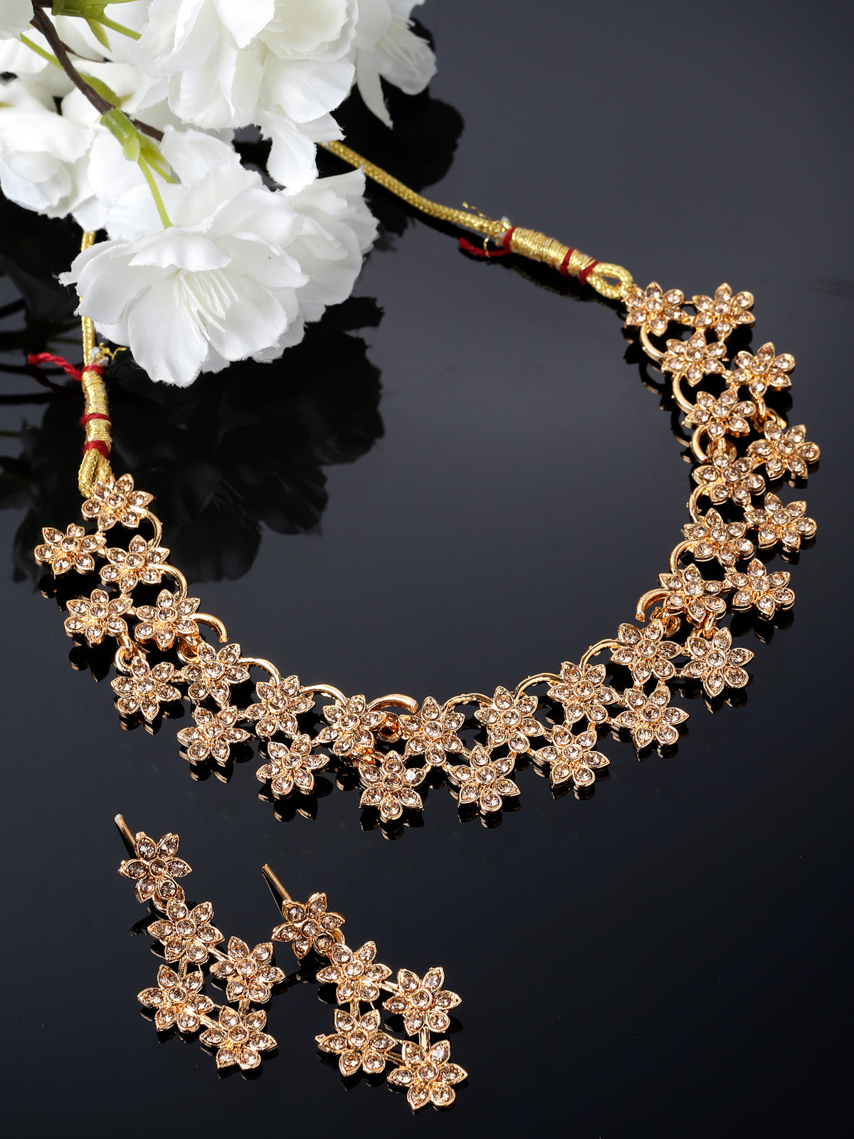 Sukkhi Admirable Gold Plated Gold AD Stone Floral Collar Bone Necklace Set And Earring | Jewellery Set For Women (NS105516)