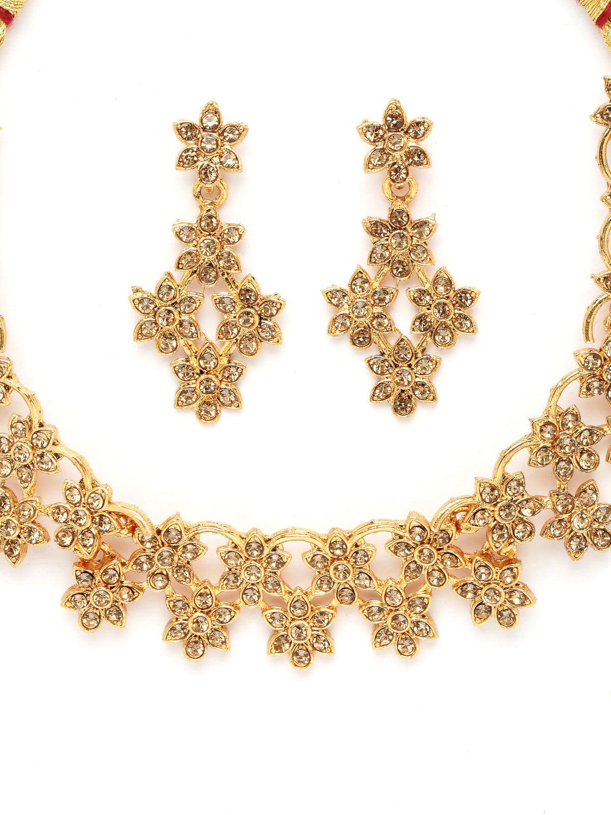 Sukkhi Admirable Gold Plated Gold AD Stone Floral Collar Bone Necklace Set And Earring | Jewellery Set For Women (NS105516)