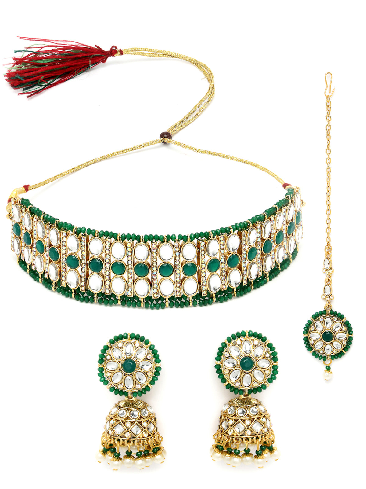 Sukkhi Sporty Gold Plated Green Kundan & Beads Choker Necklace Set With Jhumki Earring And Maangtika | Jewellery Set For Women (NS105518)
