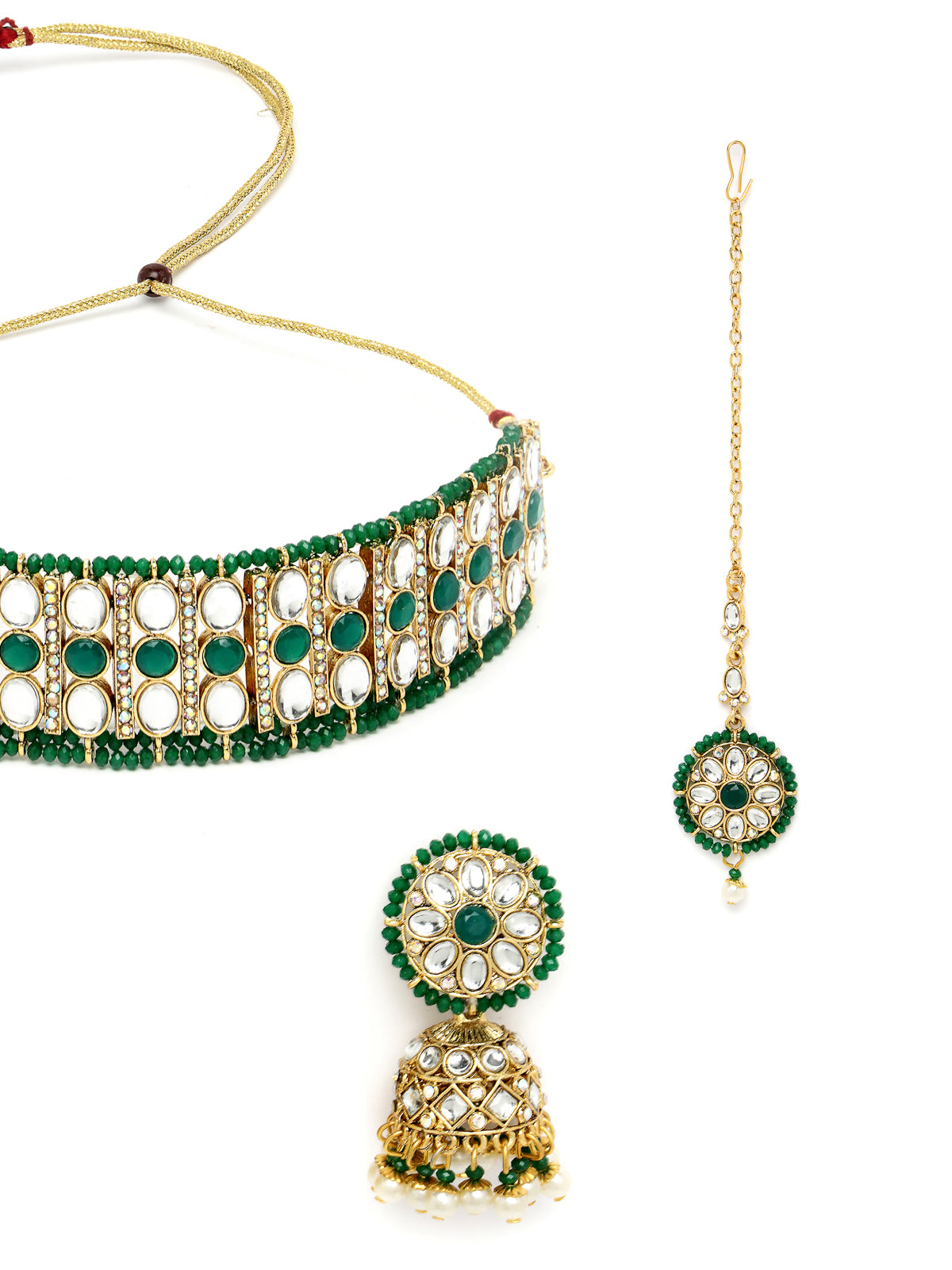 Sukkhi Sporty Gold Plated Green Kundan & Beads Choker Necklace Set With Jhumki Earring And Maangtika | Jewellery Set For Women (NS105518)