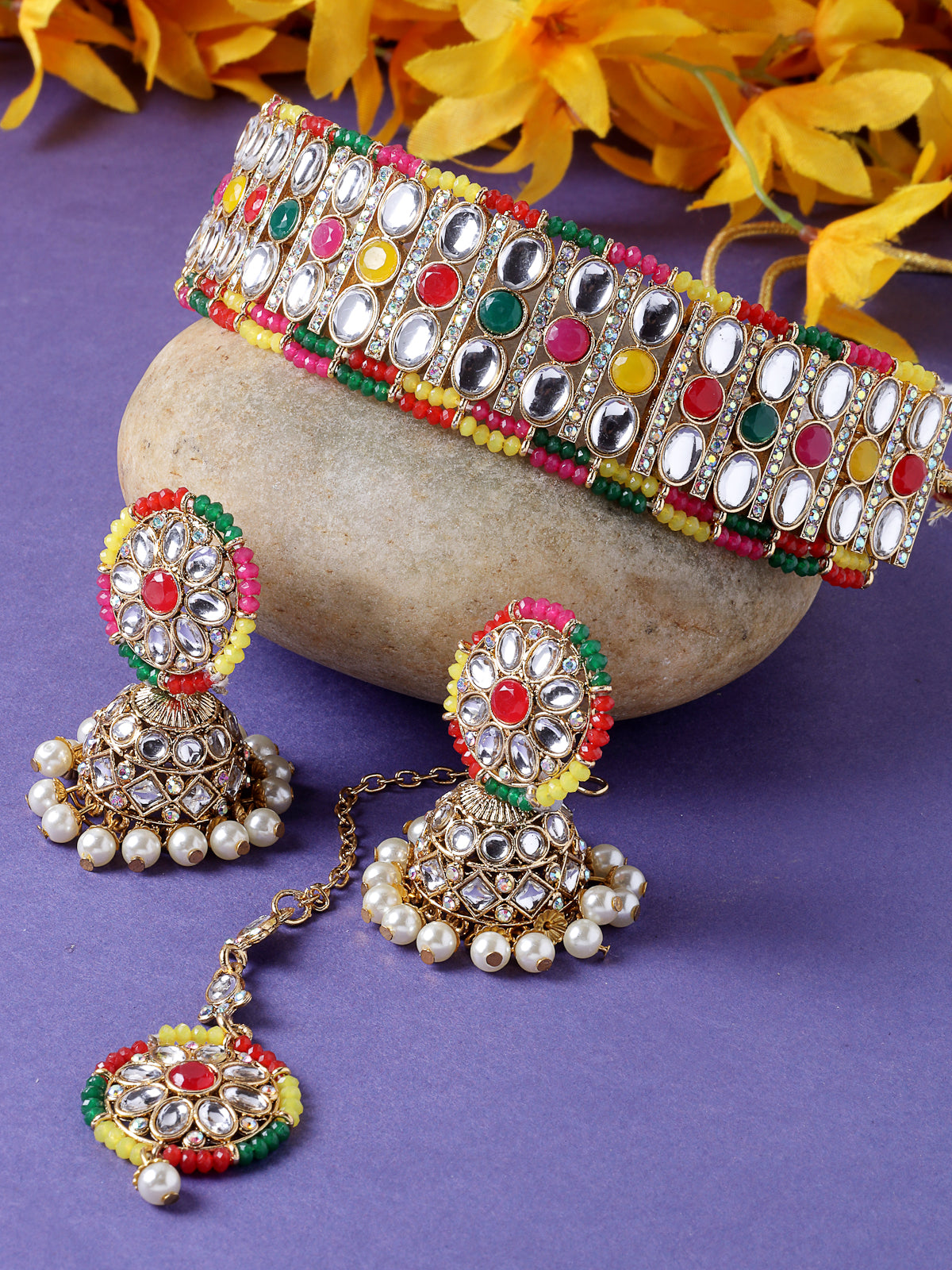 Sukkhi Sporty Gold Plated Multi Kundan & Beads Choker Necklace Set With Jhumki Earring And Maangtika | Jewellery Set For Women (NS105519)