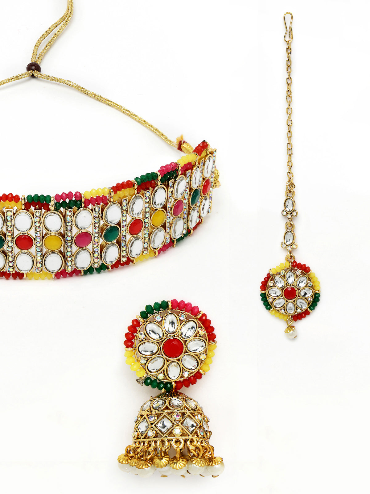 Sukkhi Sporty Gold Plated Multi Kundan & Beads Choker Necklace Set With Jhumki Earring And Maangtika | Jewellery Set For Women (NS105519)
