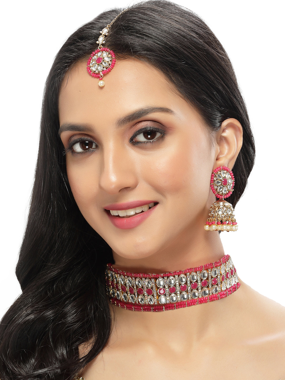 Sukkhi Sporty Gold Plated Rani Pink Kundan & Beads Choker Necklace Set With Jhumki Earring And Maangtika | Jewellery Set For Women (NS105520)