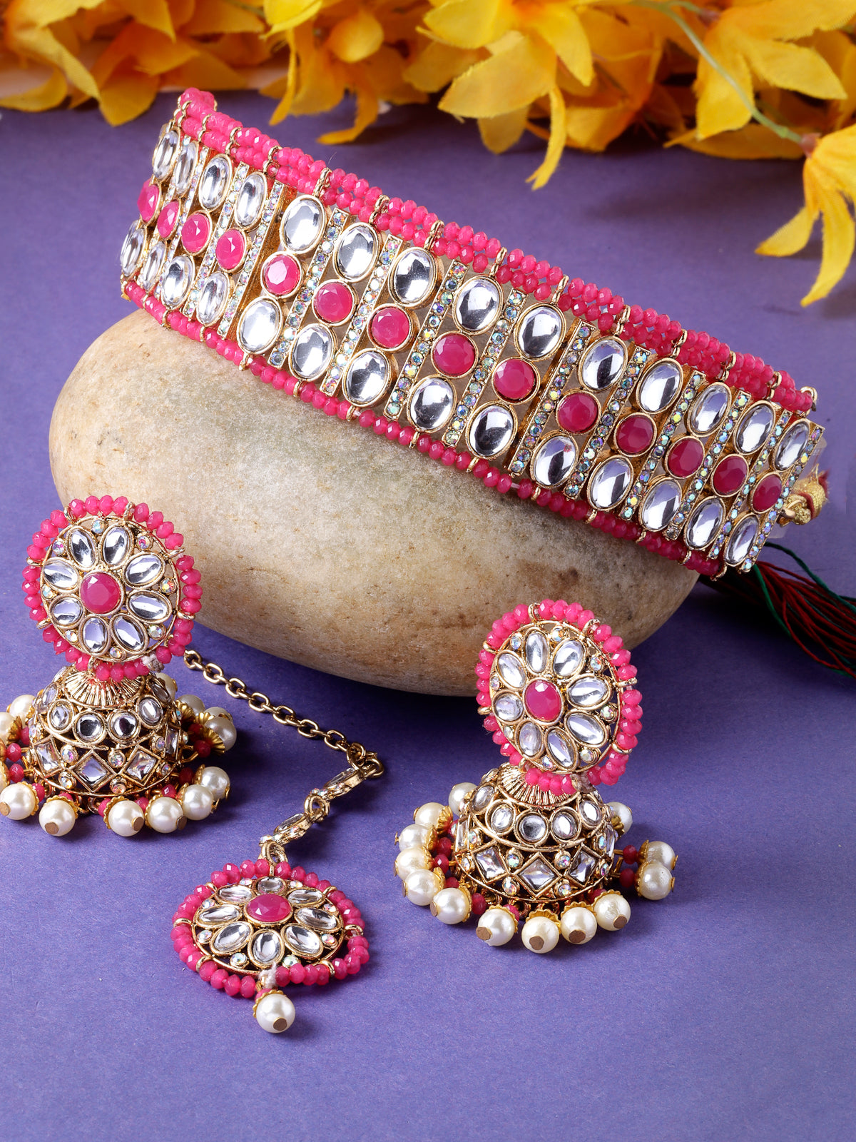 Sukkhi Sporty Gold Plated Rani Pink Kundan & Beads Choker Necklace Set With Jhumki Earring And Maangtika | Jewellery Set For Women (NS105520)