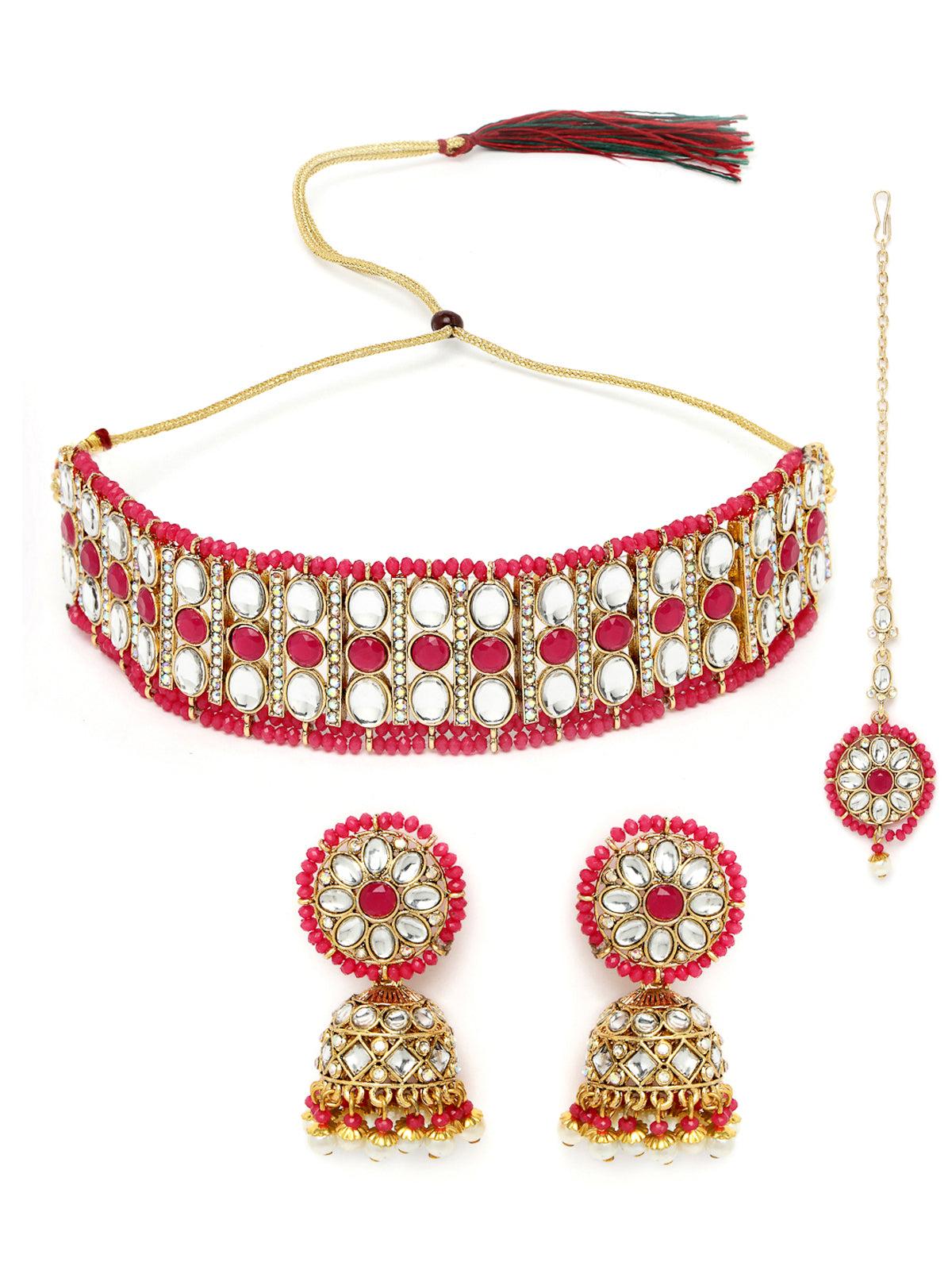 Sukkhi Sporty Gold Plated Rani Pink Kundan & Beads Choker Necklace Set With Jhumki Earring And Maangtika | Jewellery Set For Women (NS105520)