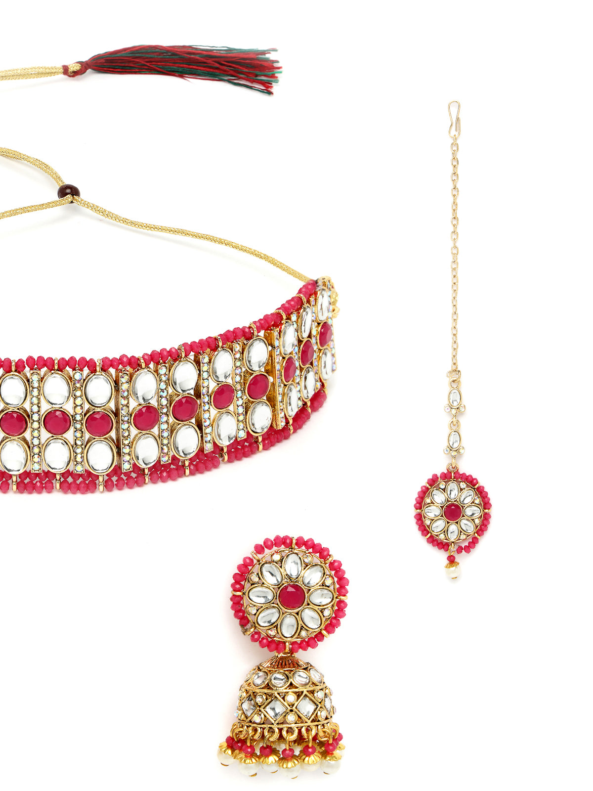 Sukkhi Sporty Gold Plated Rani Pink Kundan & Beads Choker Necklace Set With Jhumki Earring And Maangtika | Jewellery Set For Women (NS105520)