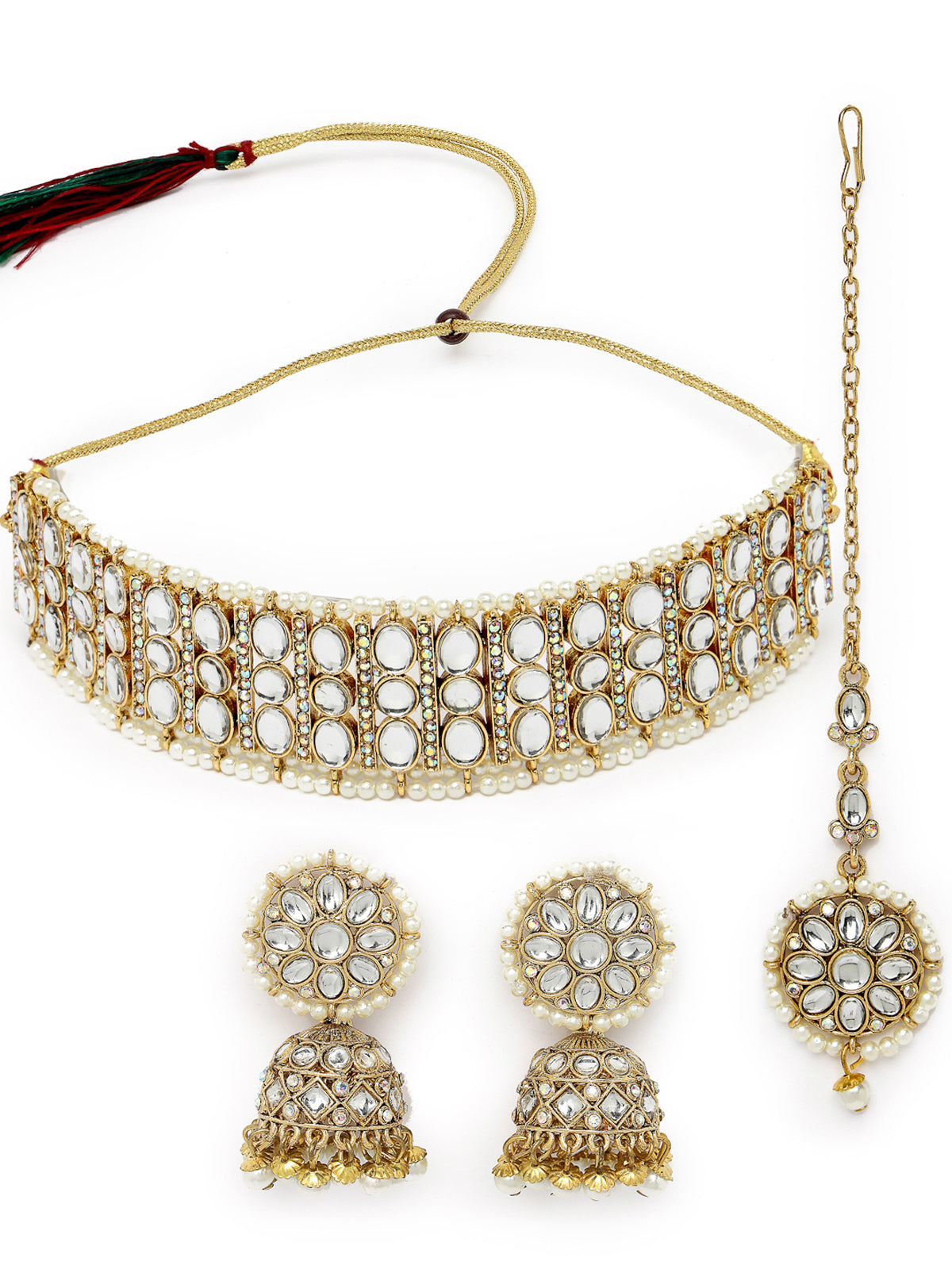 Sukkhi Sporty Gold Plated White Kundan & Beads Choker Necklace Set With Jhumki Earring And Maangtika | Jewellery Set For Women (NS105521)