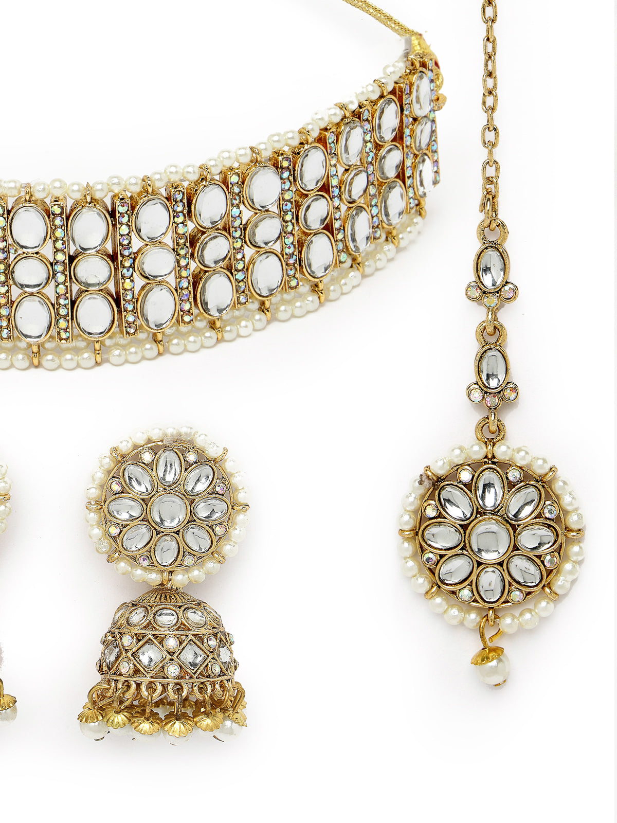 Sukkhi Sporty Gold Plated White Kundan & Beads Choker Necklace Set With Jhumki Earring And Maangtika | Jewellery Set For Women (NS105521)