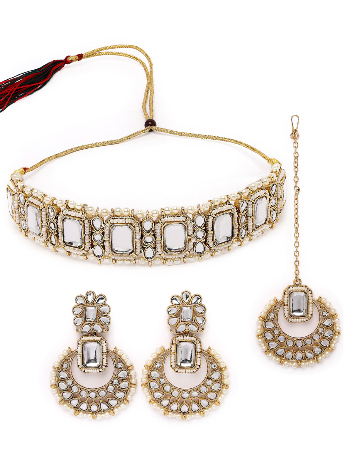Sukkhi Affordable Squared Style White Kundan & Beads Choker Necklace Set With Earring And Maangtika | Jewellery Set For Women (NS105522)