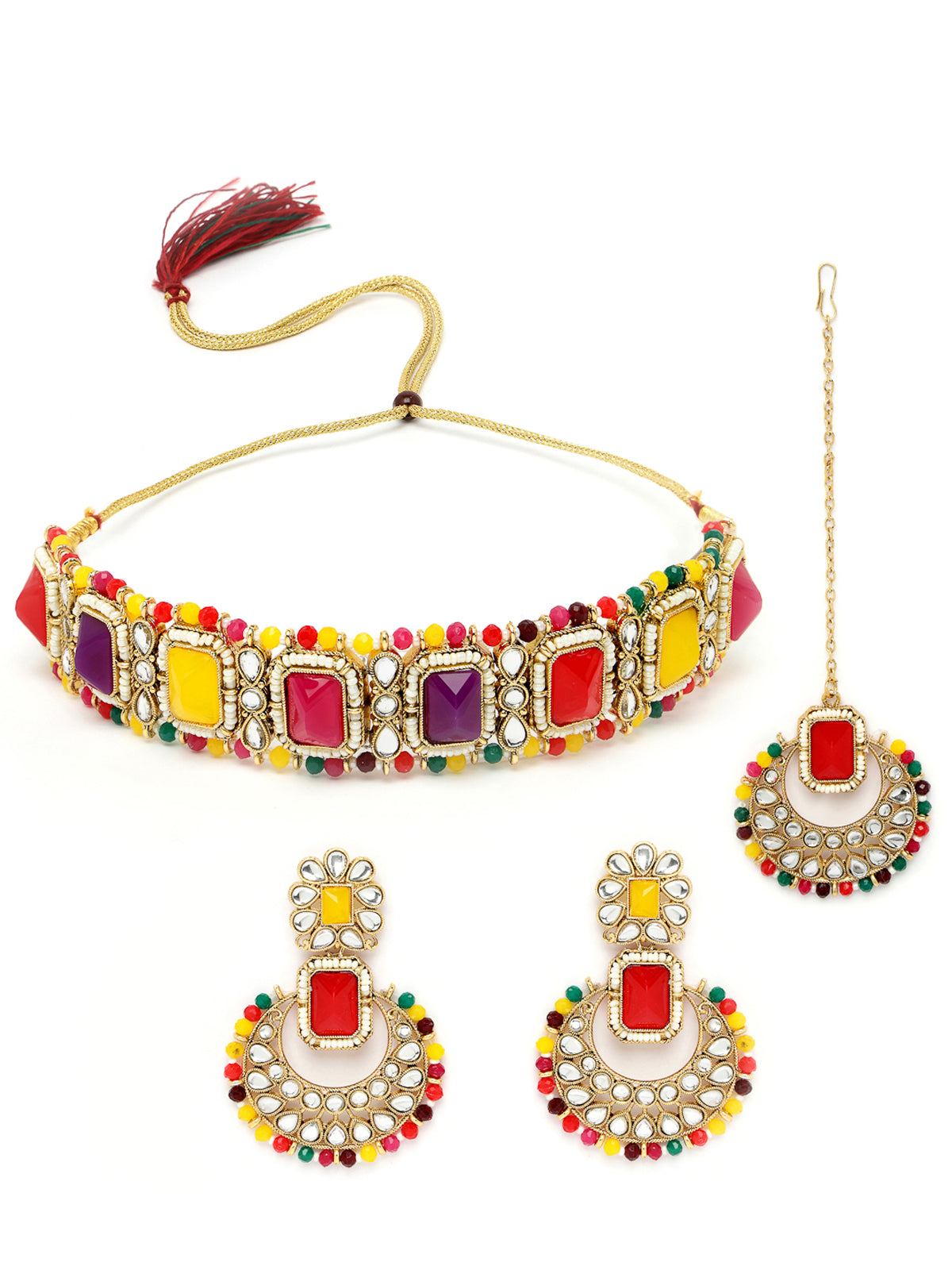 Sukkhi Affordable Squared Style Multi Kundan & Beads Choker Necklace Set With Earring And Maangtika | Jewellery Set For Women (NS105523)