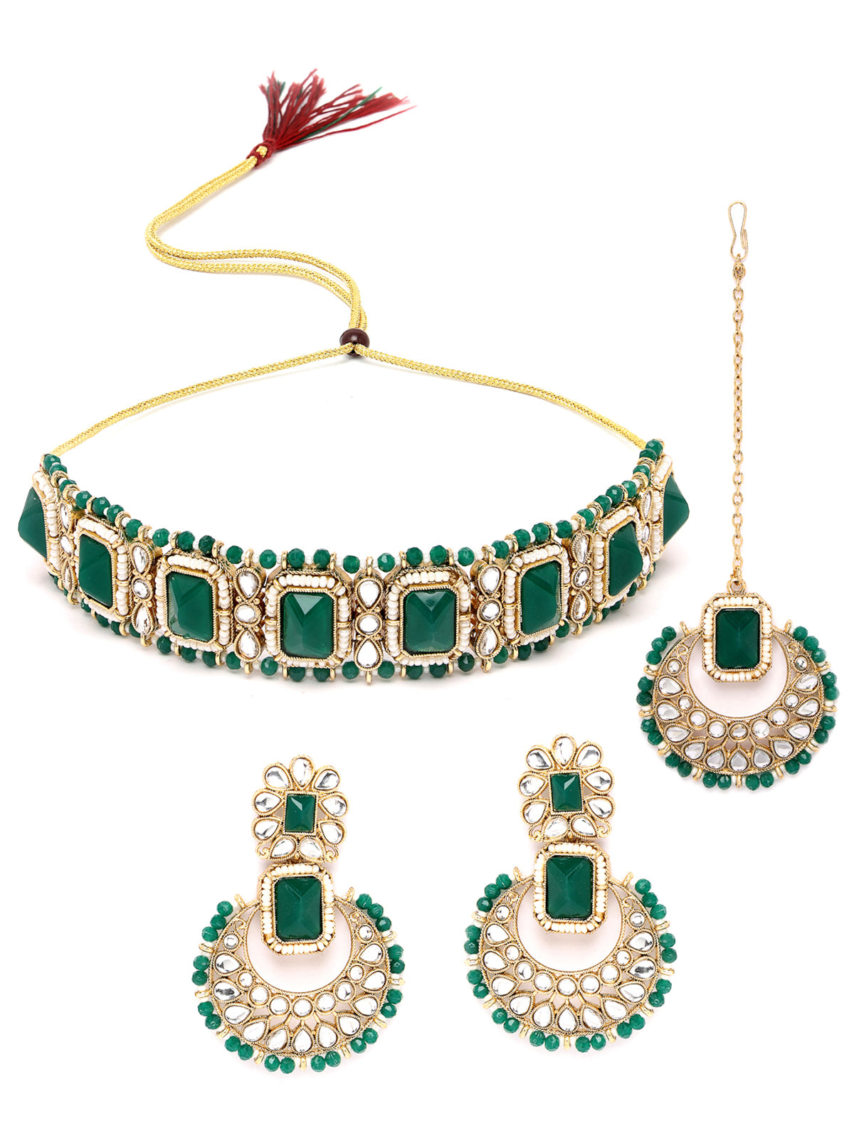 Sukkhi Affordable Squared Style Green Kundan & Beads Choker Necklace Set With Earring And Maangtika | Jewellery Set For Women (NS105524)