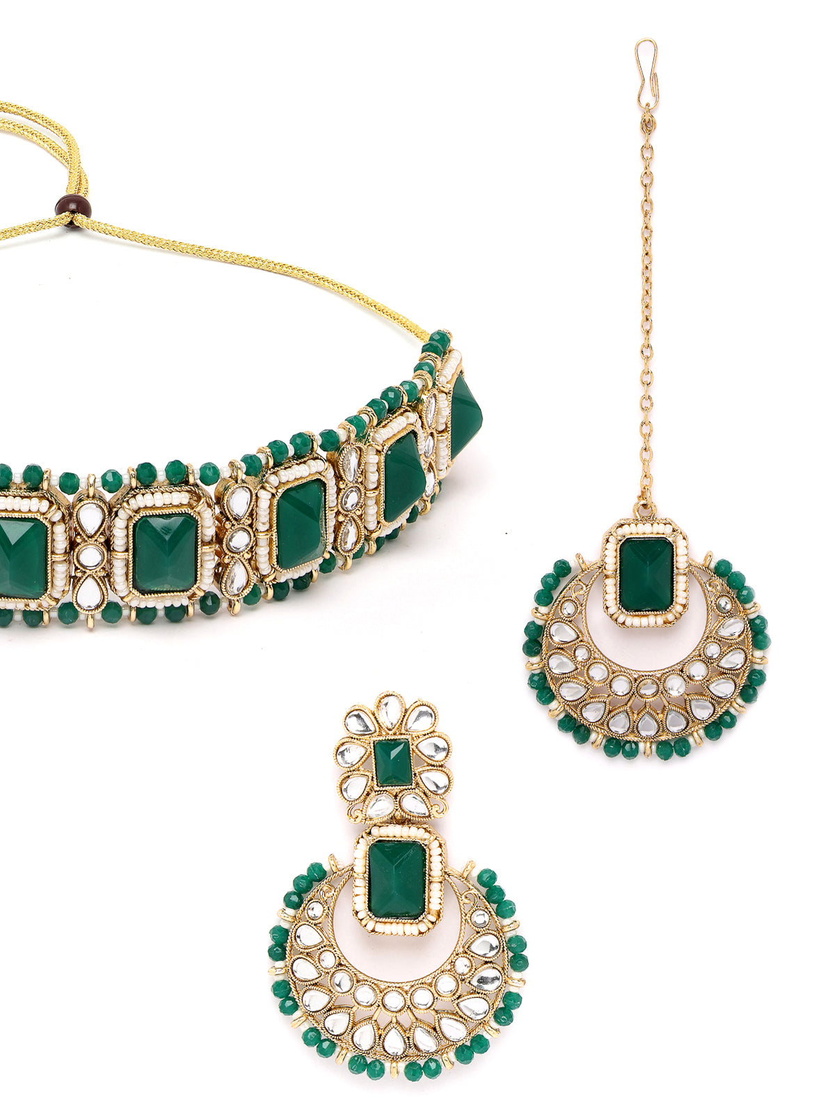 Sukkhi Affordable Squared Style Green Kundan & Beads Choker Necklace Set With Earring And Maangtika | Jewellery Set For Women (NS105524)