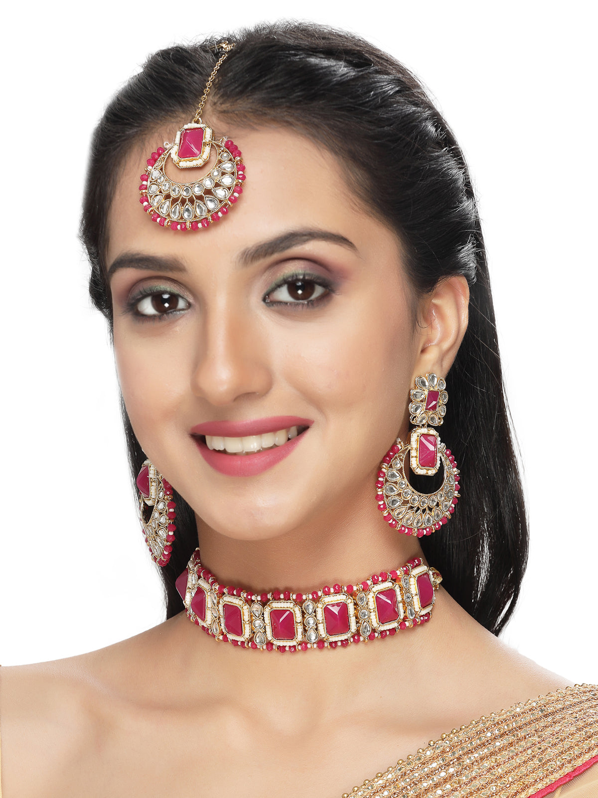 Sukkhi Affordable Squared Style Rani Pink Kundan & Beads Choker Necklace Set With Earring And Maangtika | Jewellery Set For Women (NS105525)