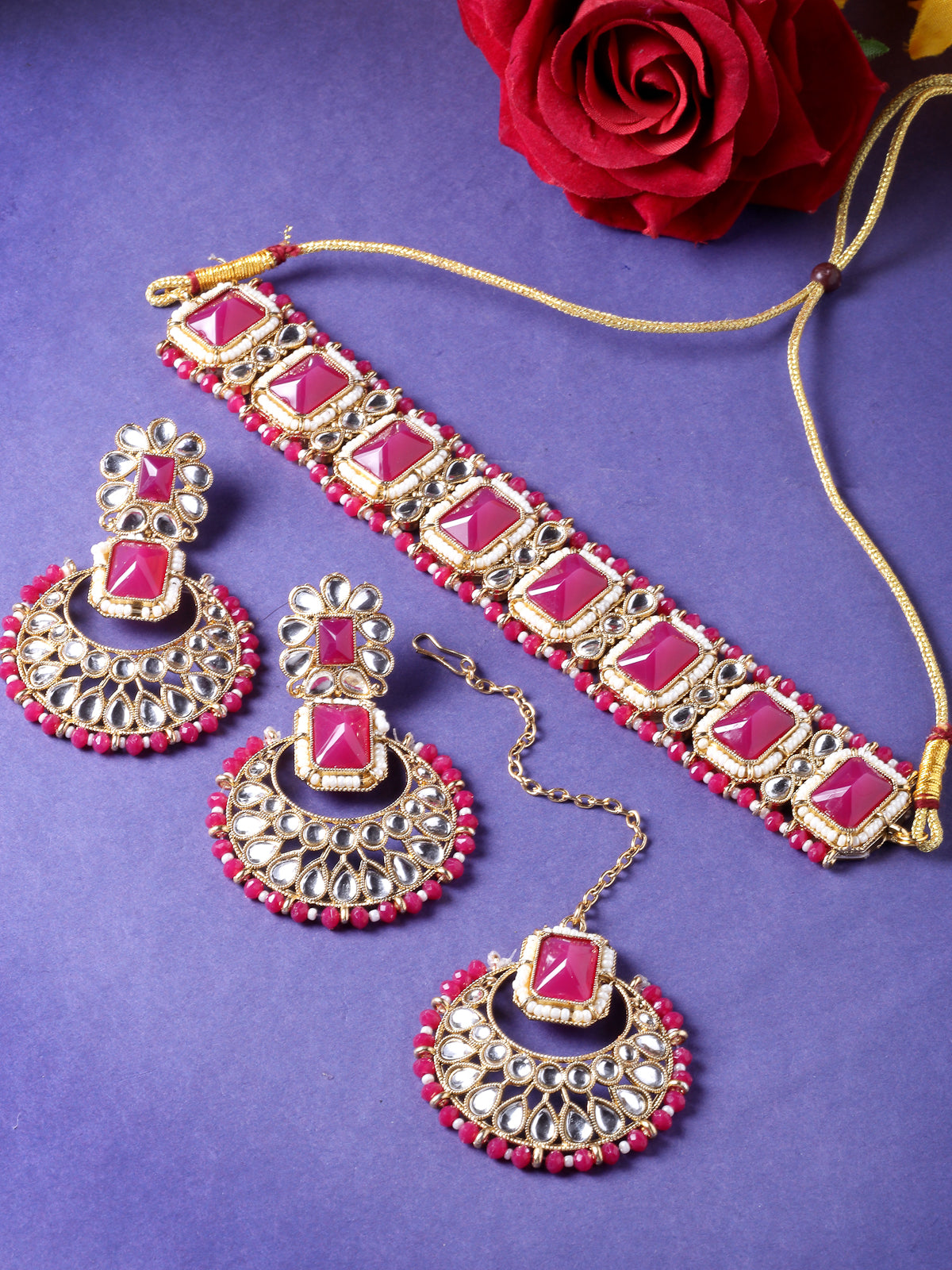 Sukkhi Affordable Squared Style Rani Pink Kundan & Beads Choker Necklace Set With Earring And Maangtika | Jewellery Set For Women (NS105525)