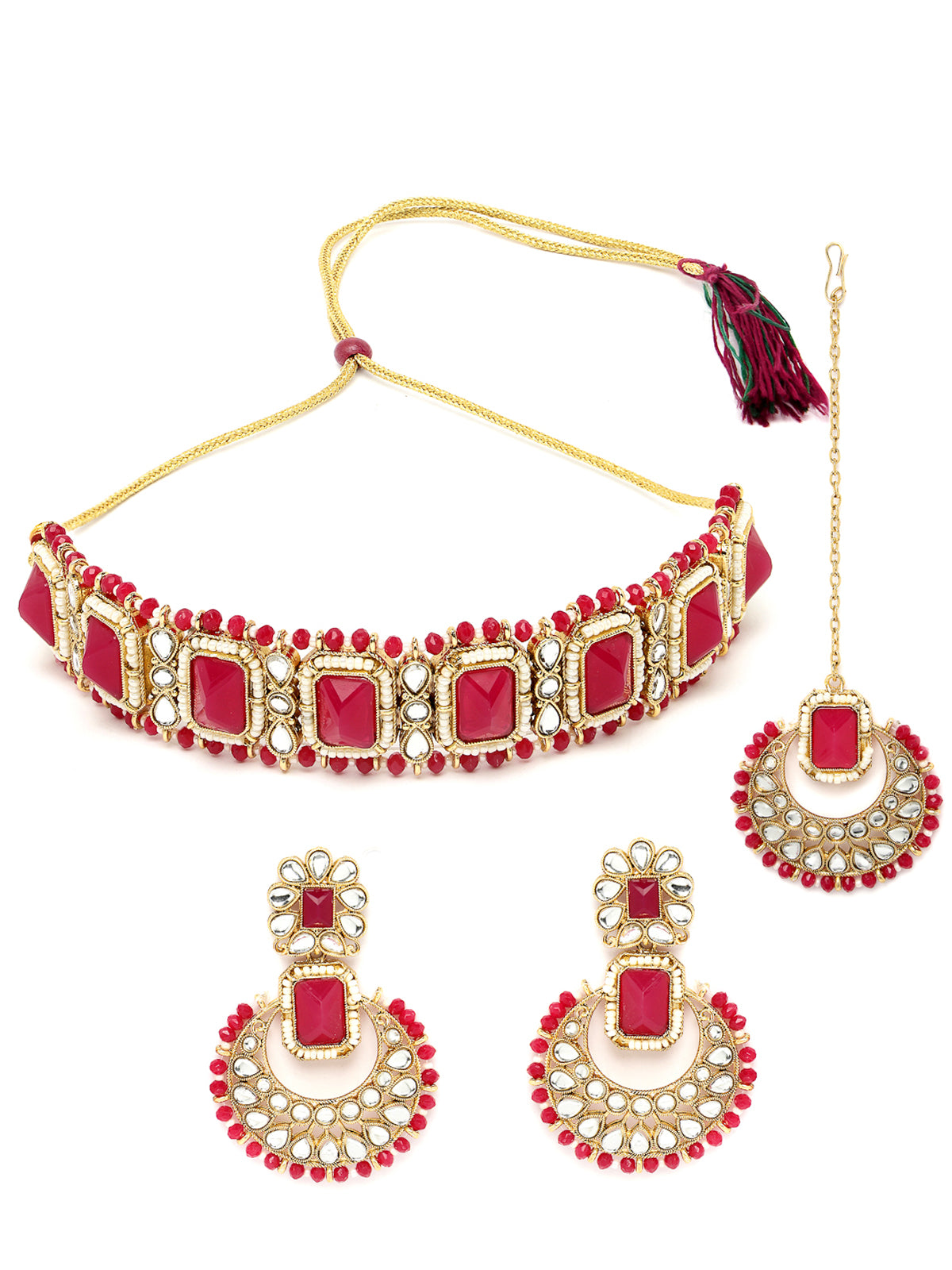 Sukkhi Affordable Squared Style Rani Pink Kundan & Beads Choker Necklace Set With Earring And Maangtika | Jewellery Set For Women (NS105525)