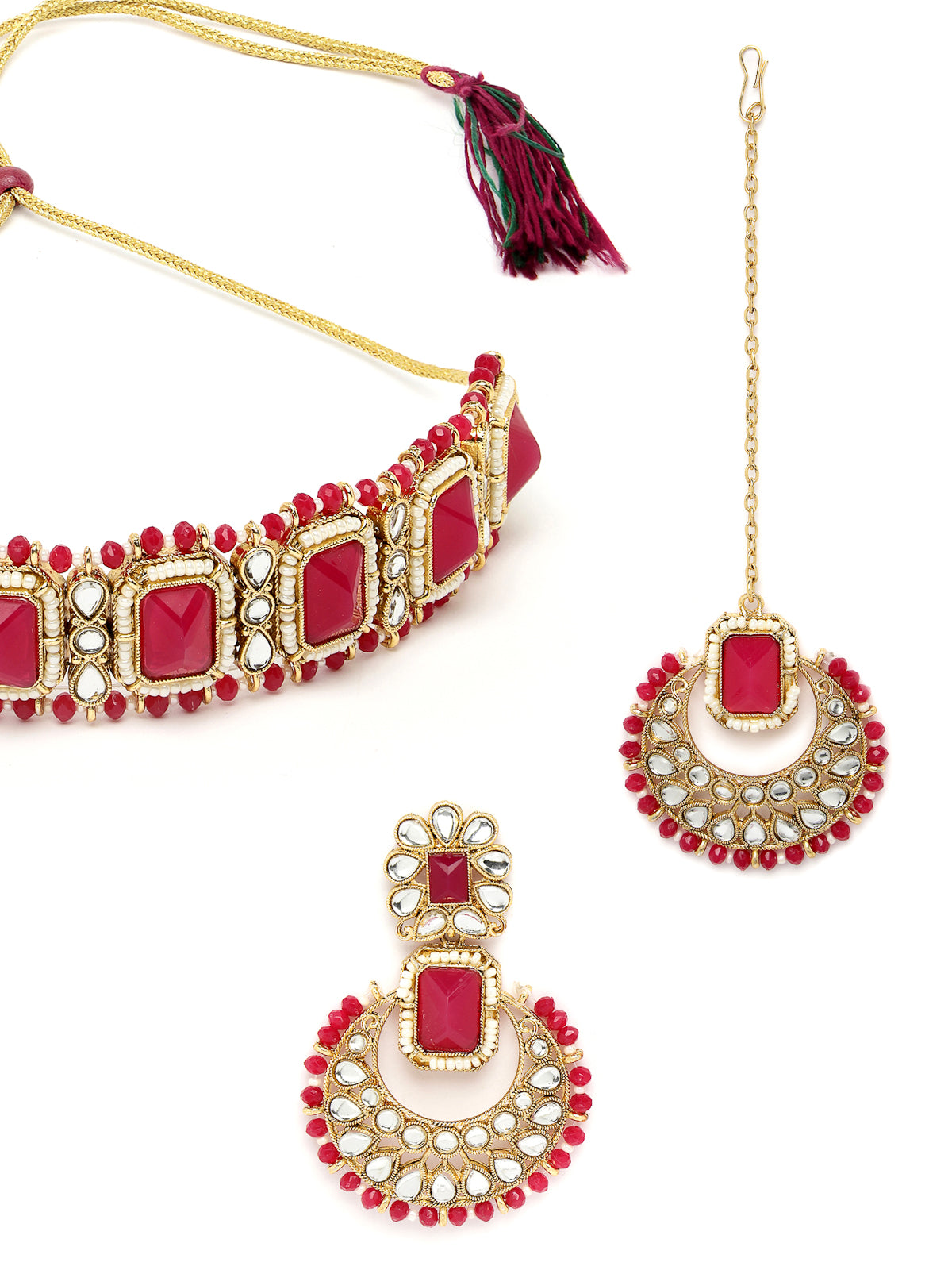 Sukkhi Affordable Squared Style Rani Pink Kundan & Beads Choker Necklace Set With Earring And Maangtika | Jewellery Set For Women (NS105525)