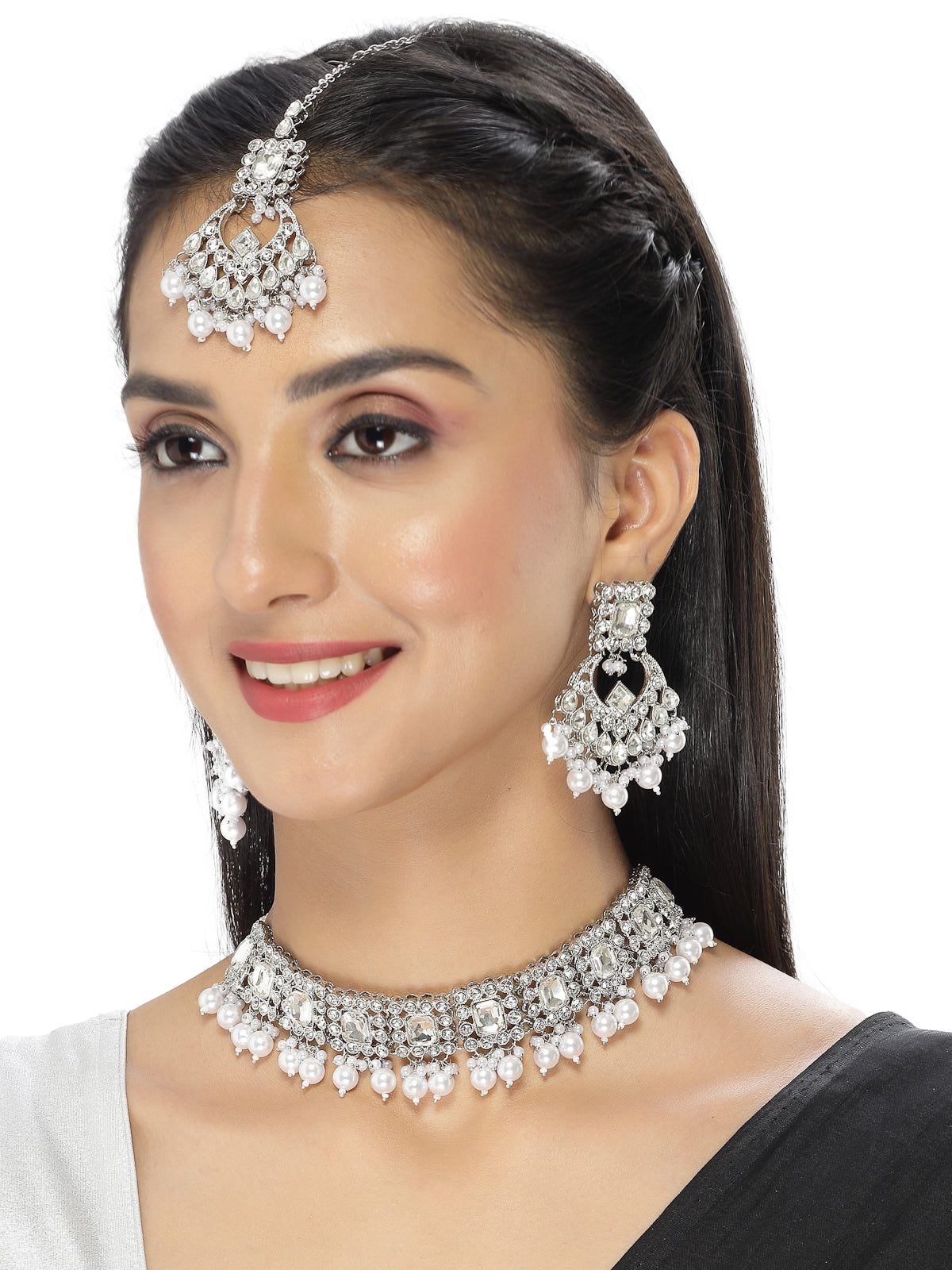 Sukkhi Exhilarating Rhodium Plated Silver Kundan & Beads Choker Necklace Set With Earring And Maangtika | Jewellery Set For Women (NS105527)