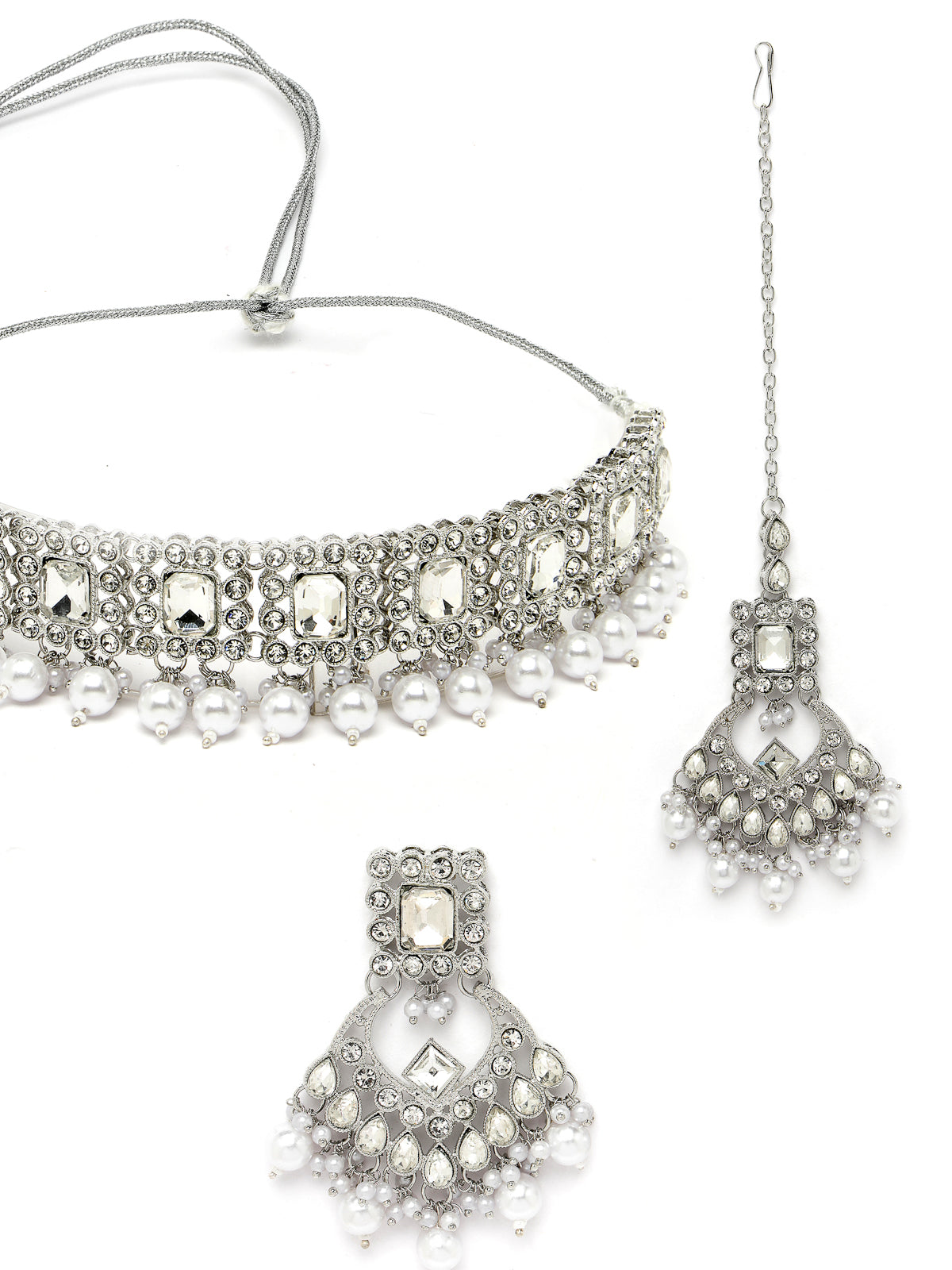 Sukkhi Exhilarating Rhodium Plated Silver Kundan & Beads Choker Necklace Set With Earring And Maangtika | Jewellery Set For Women (NS105527)