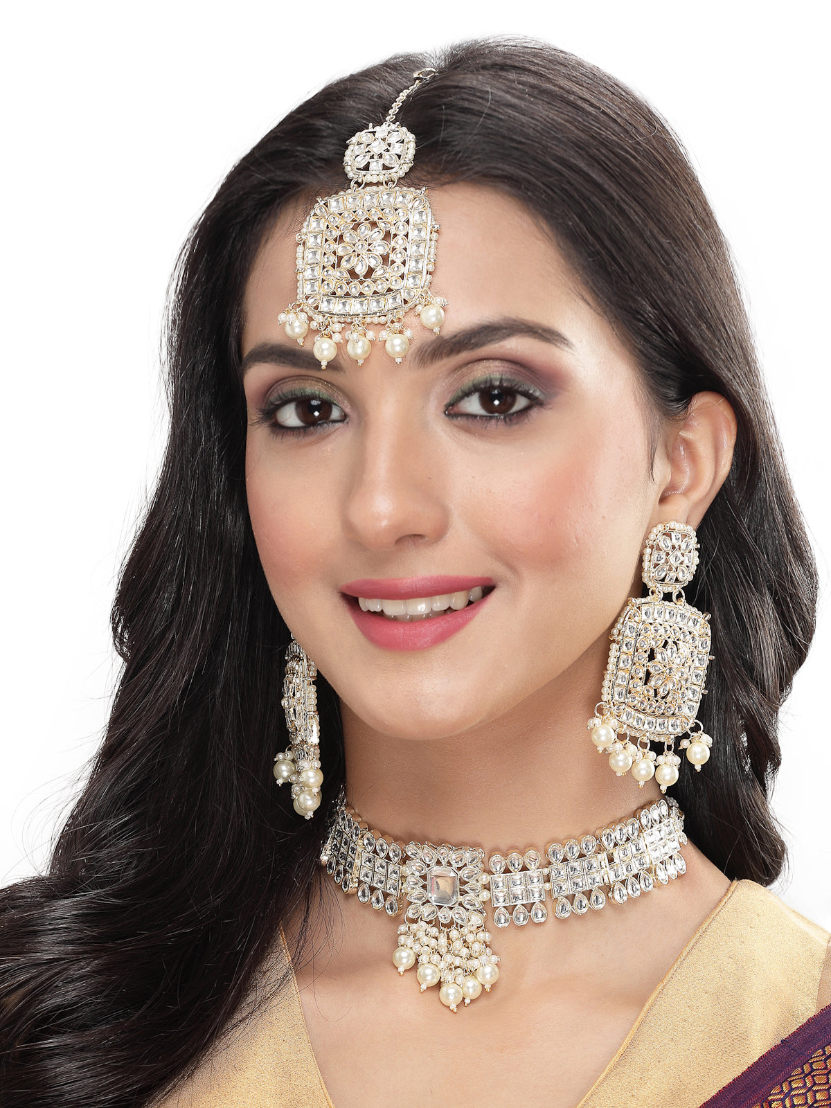 Sukkhi Adjustable Gold Plated White Kundan & Beads Choker Necklace Set With Earring And Maangtika | Jewellery Set For Women (NS105528)