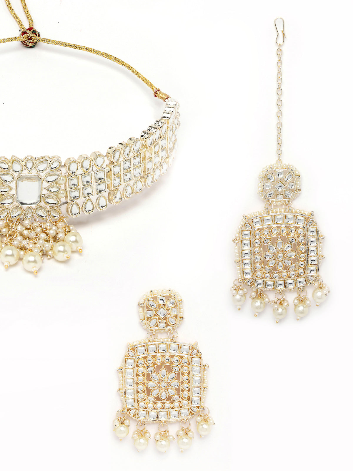 Sukkhi Adjustable Gold Plated White Kundan & Beads Choker Necklace Set With Earring And Maangtika | Jewellery Set For Women (NS105528)