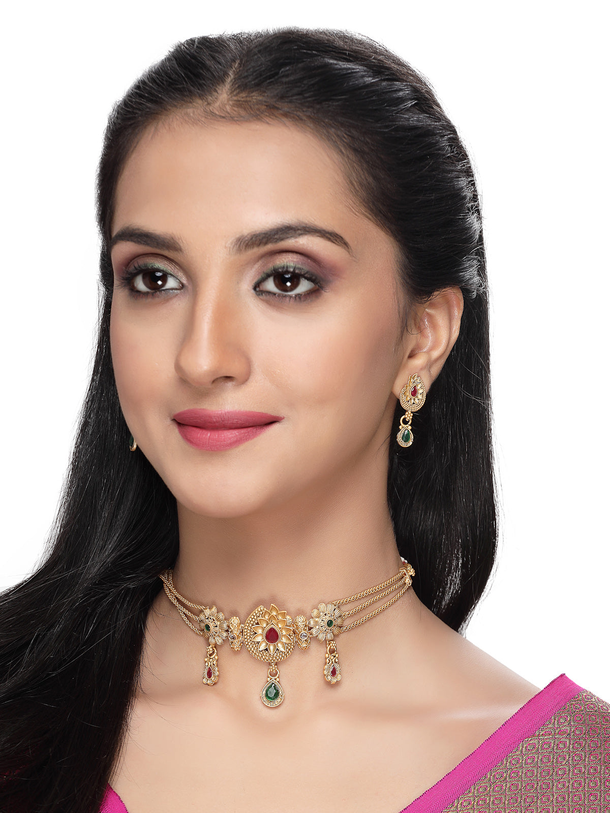 Sukkhi Adoring Multistrand Gold Plated Floral Copper Choker Necklace Set With Studs Earring | Jewellery Set For Women (NS105534)