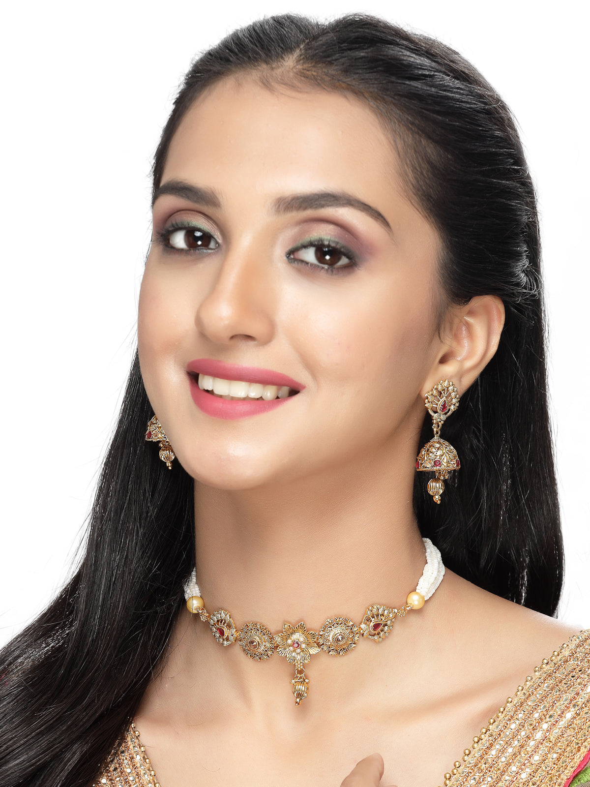 Sukkhi Appealing Gold Plated Gold Beads Floral Copper Choker Necklace Set with Jhumki Earring | Jewellery Set For Women (NS105537)