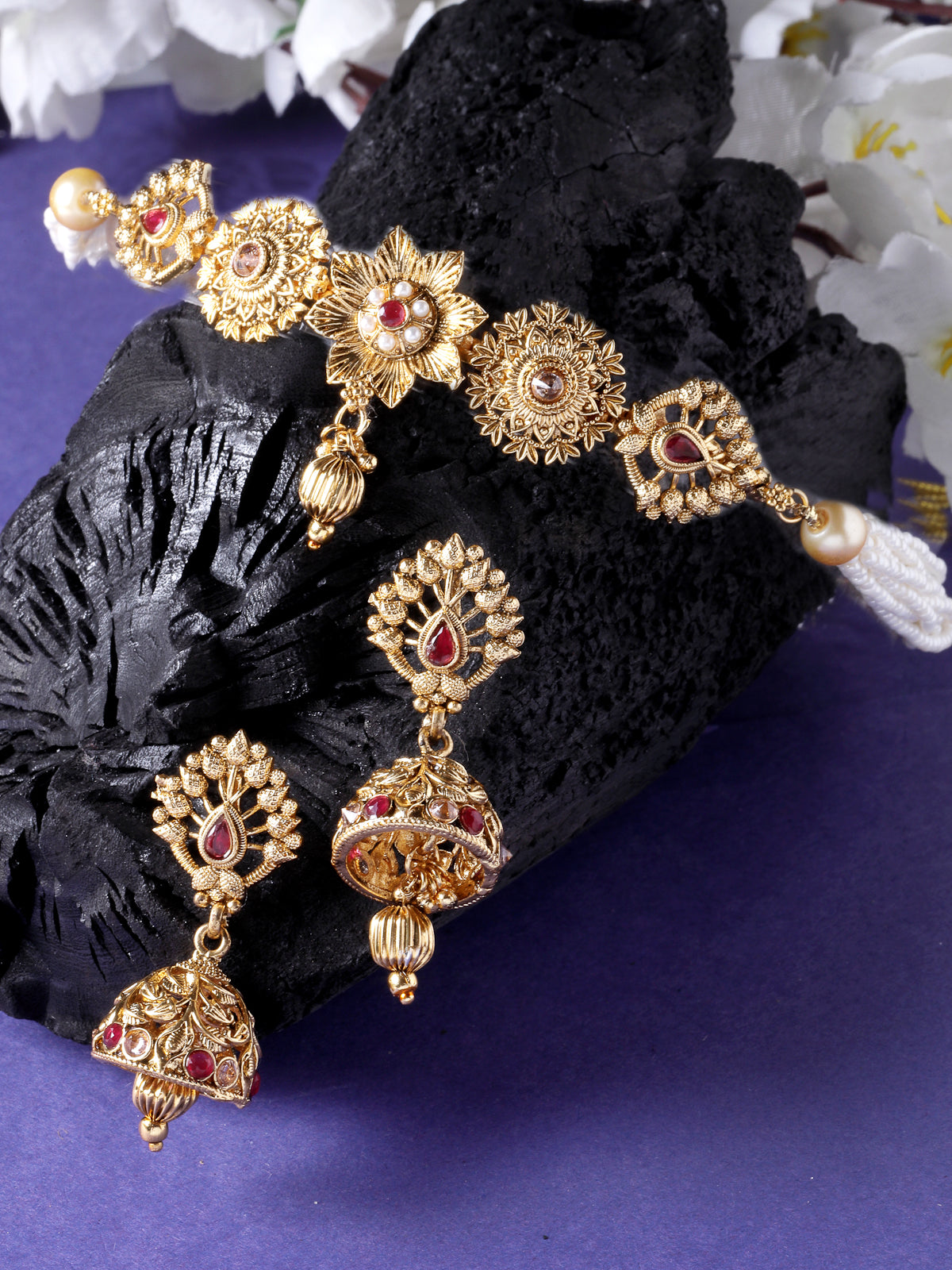 Sukkhi Appealing Gold Plated Gold Beads Floral Copper Choker Necklace Set with Jhumki Earring | Jewellery Set For Women (NS105537)