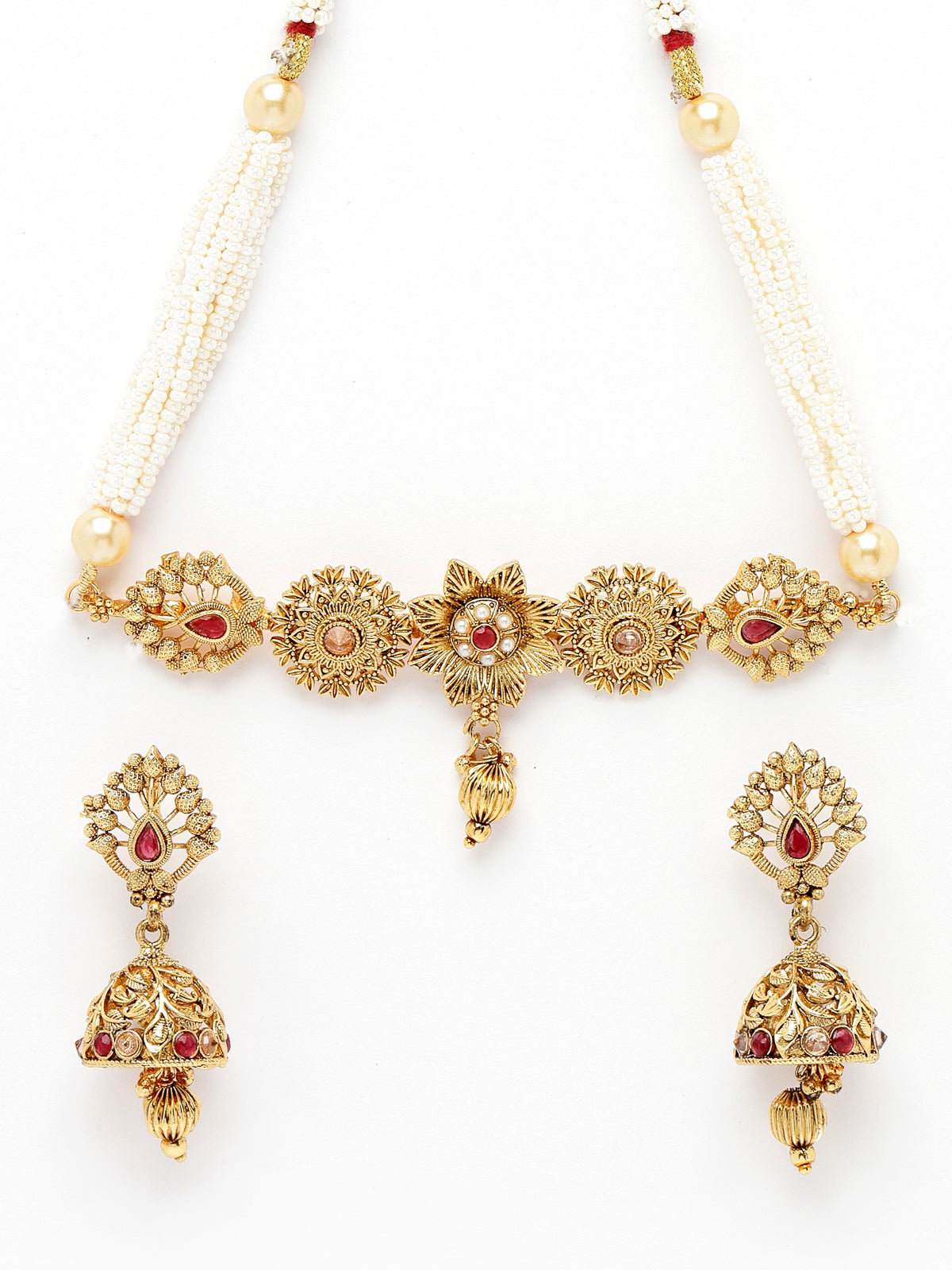 Sukkhi Appealing Gold Plated Gold Beads Floral Copper Choker Necklace Set with Jhumki Earring | Jewellery Set For Women (NS105537)