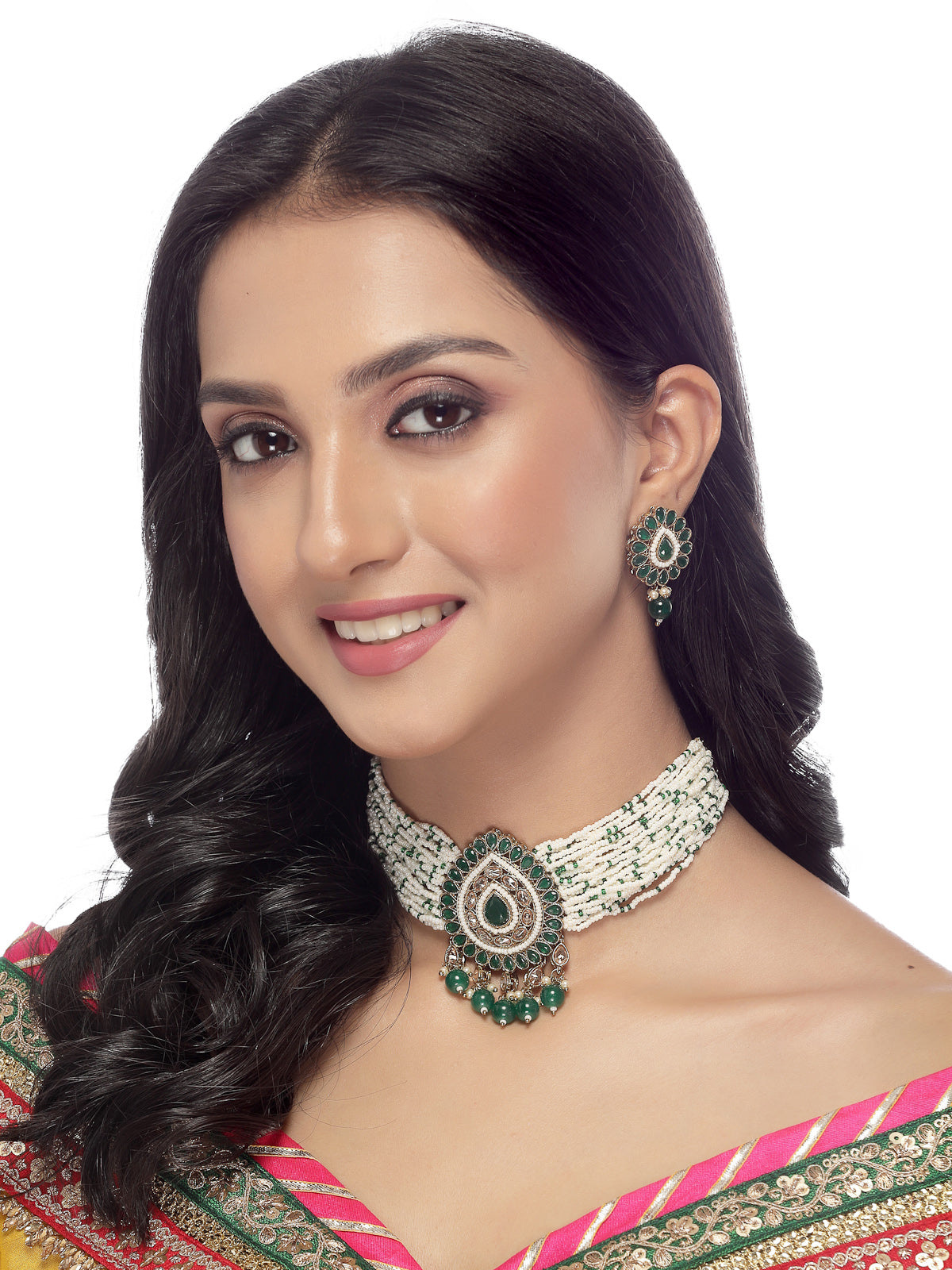 Sukkhi Amazing Gold Plated Green Drop Shaped Kundan & Beads Multistrand Choker Necklace Set With Studs Earring | Jewellery Set For Women (NS105539)