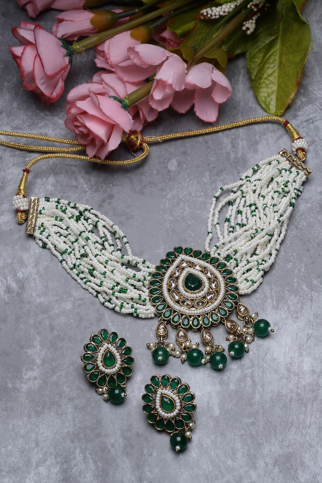 Sukkhi Amazing Gold Plated Green Drop Shaped Kundan & Beads Multistrand Choker Necklace Set With Studs Earring | Jewellery Set For Women (NS105539)