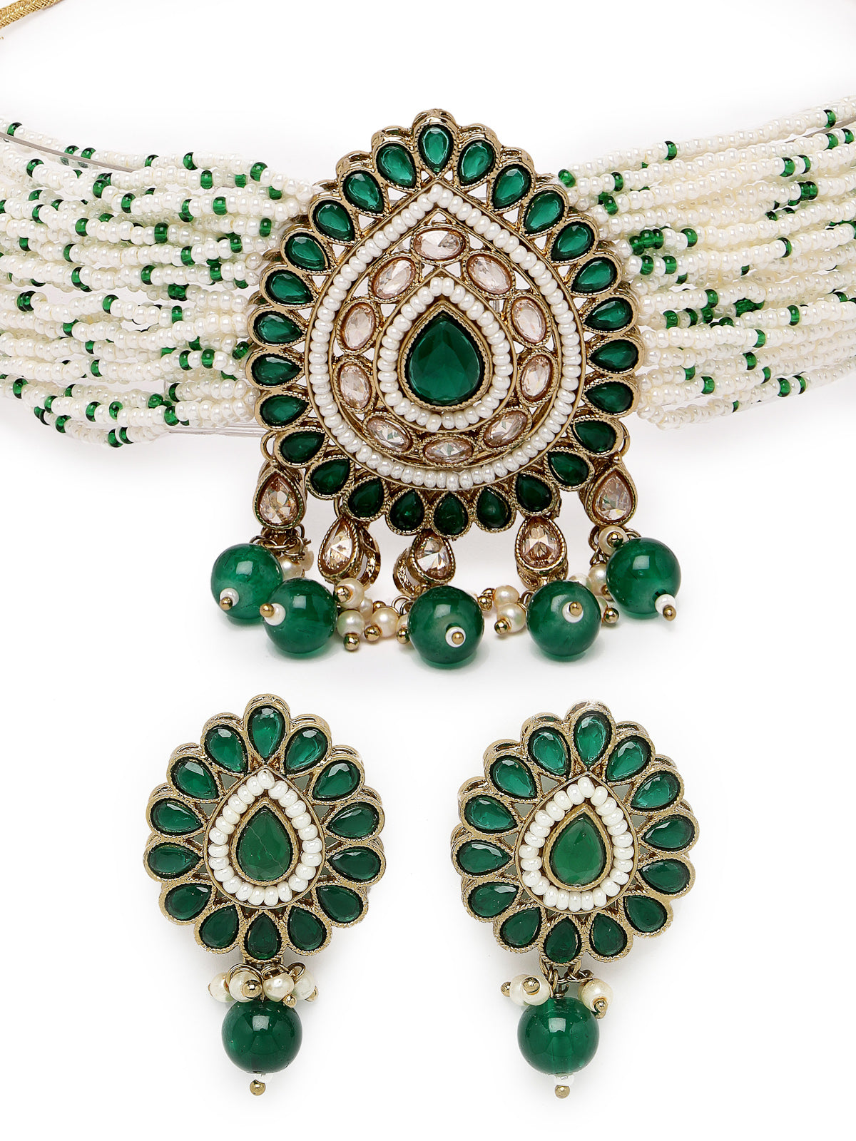 Sukkhi Amazing Gold Plated Green Drop Shaped Kundan & Beads Multistrand Choker Necklace Set With Studs Earring | Jewellery Set For Women (NS105539)