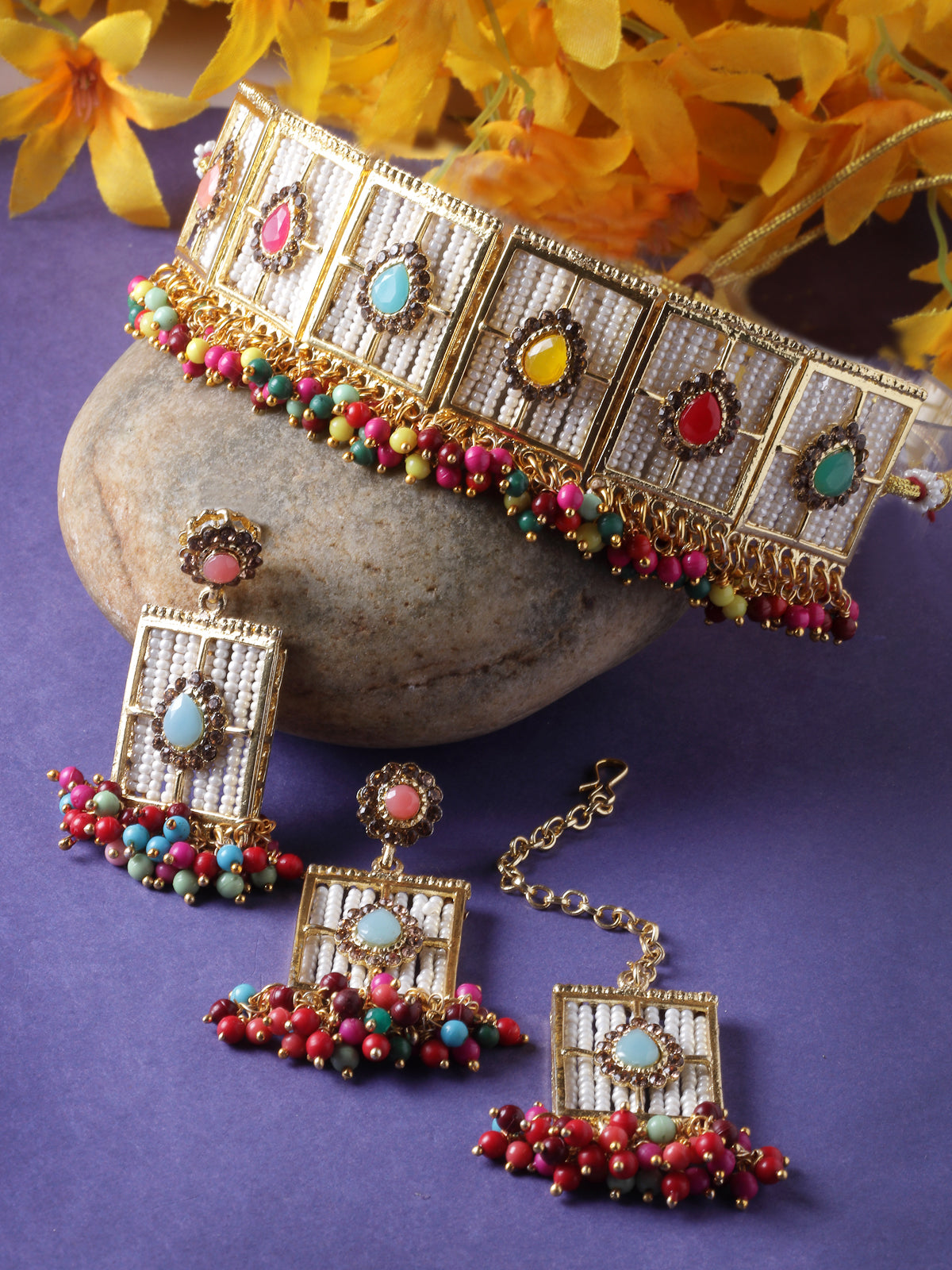 Sukkhi Beautiful Squared Shaped Multi Beads With Gold Plated Choker Necklace Set With Earring And Maangtika | Jewellery Set For Women (NS105542)