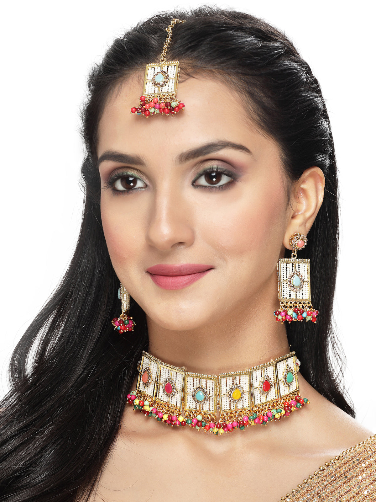 Sukkhi Beautiful Squared Shaped Multi Beads With Gold Plated Choker Necklace Set With Earring And Maangtika | Jewellery Set For Women (NS105542)